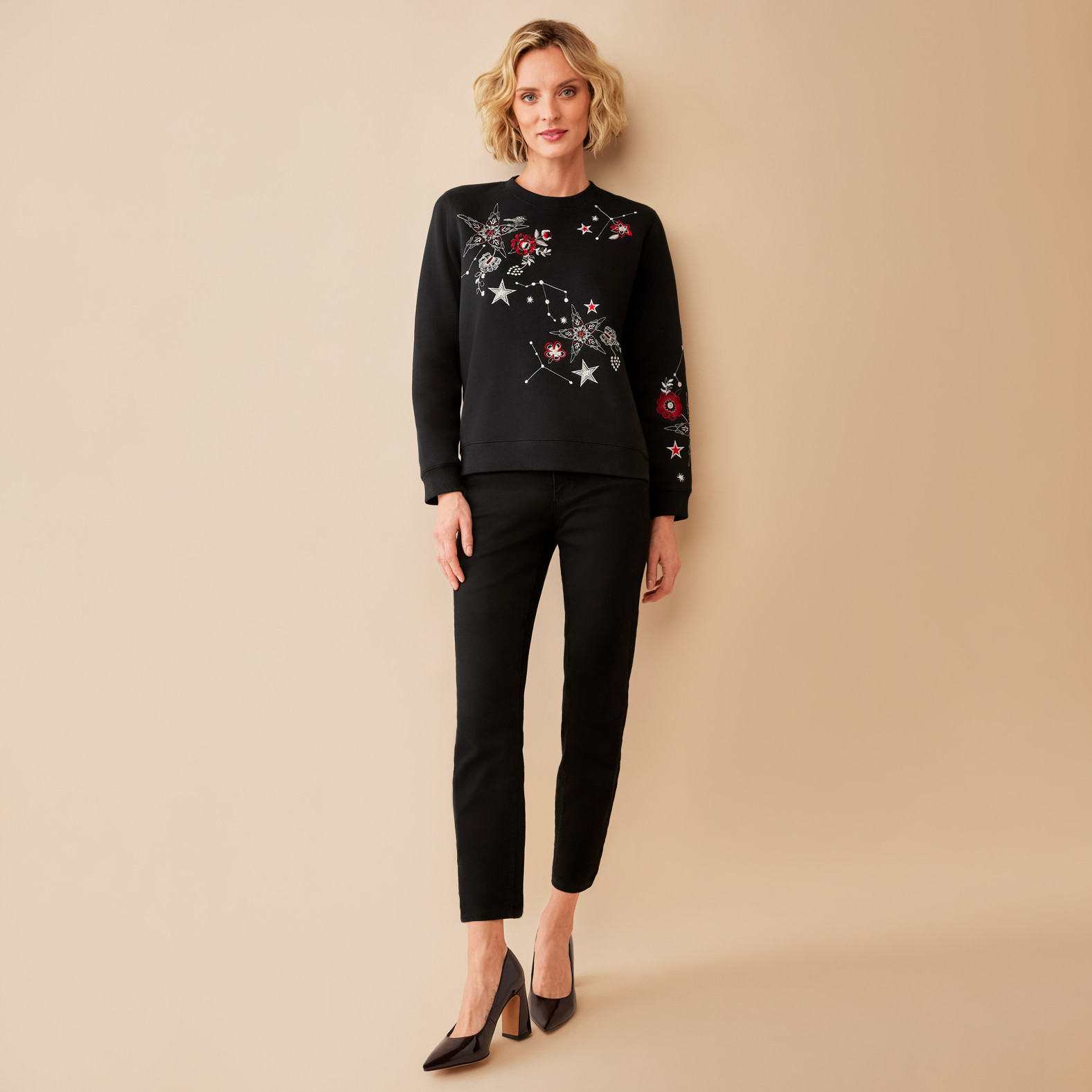 Black Embroidered Crewneck Sweatshirt Full Body