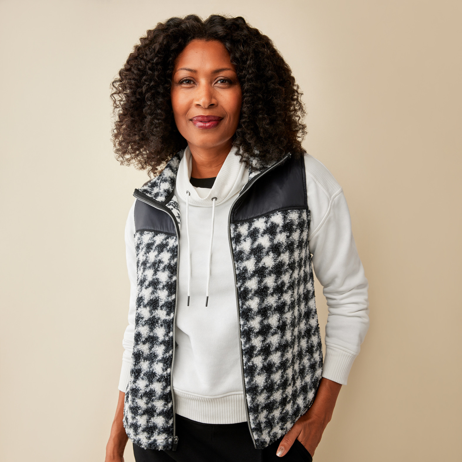 Check Print Teddy Vest UnZip