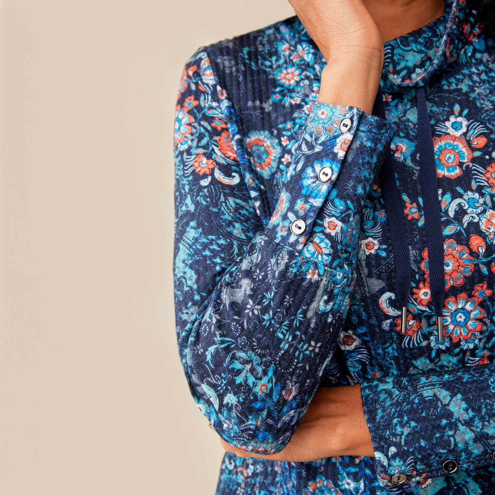Cowl Neck Patterned Top Close Up