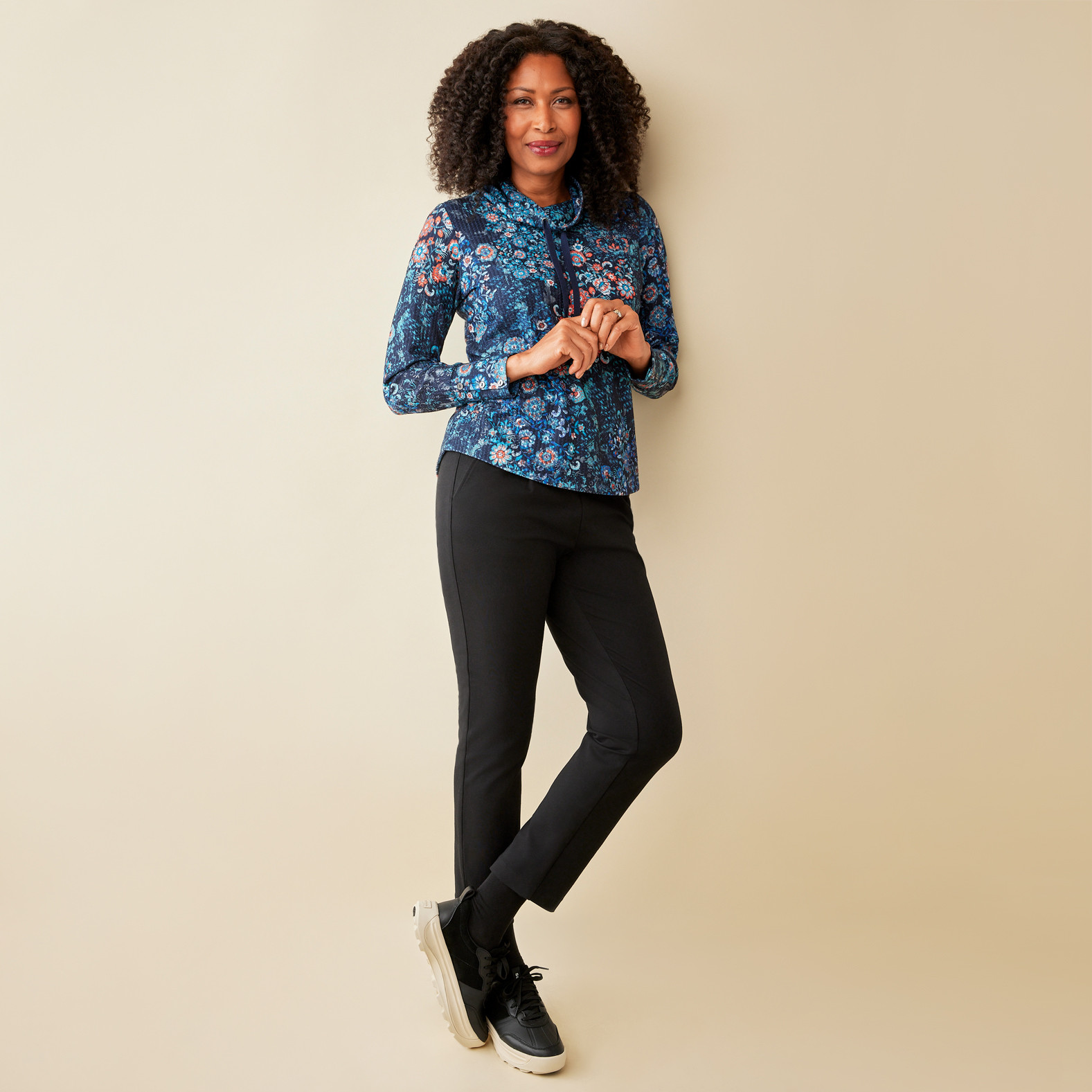 Cowl Neck Patterned Top Full Body