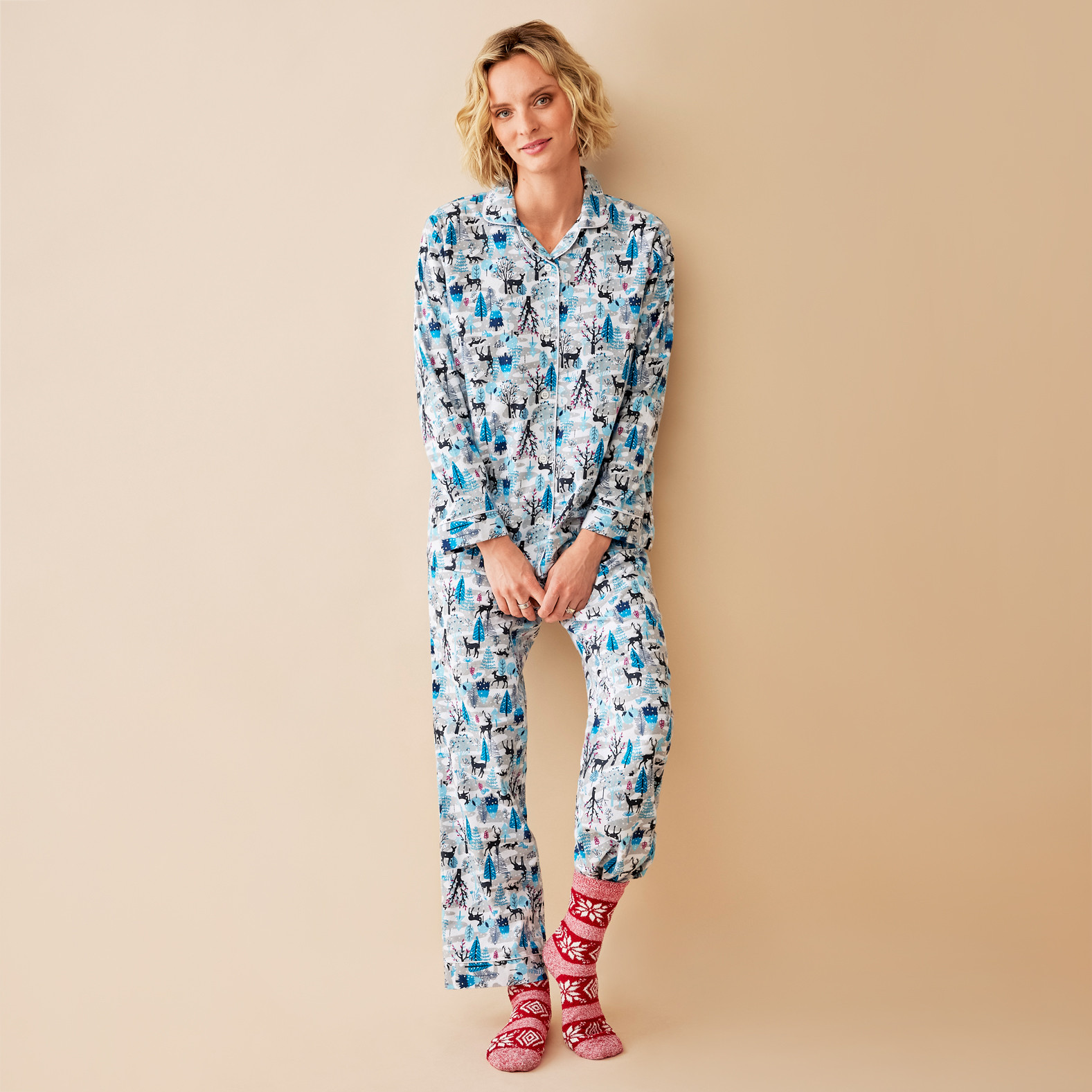 Festive Deer Print Flannel Pyjama Set