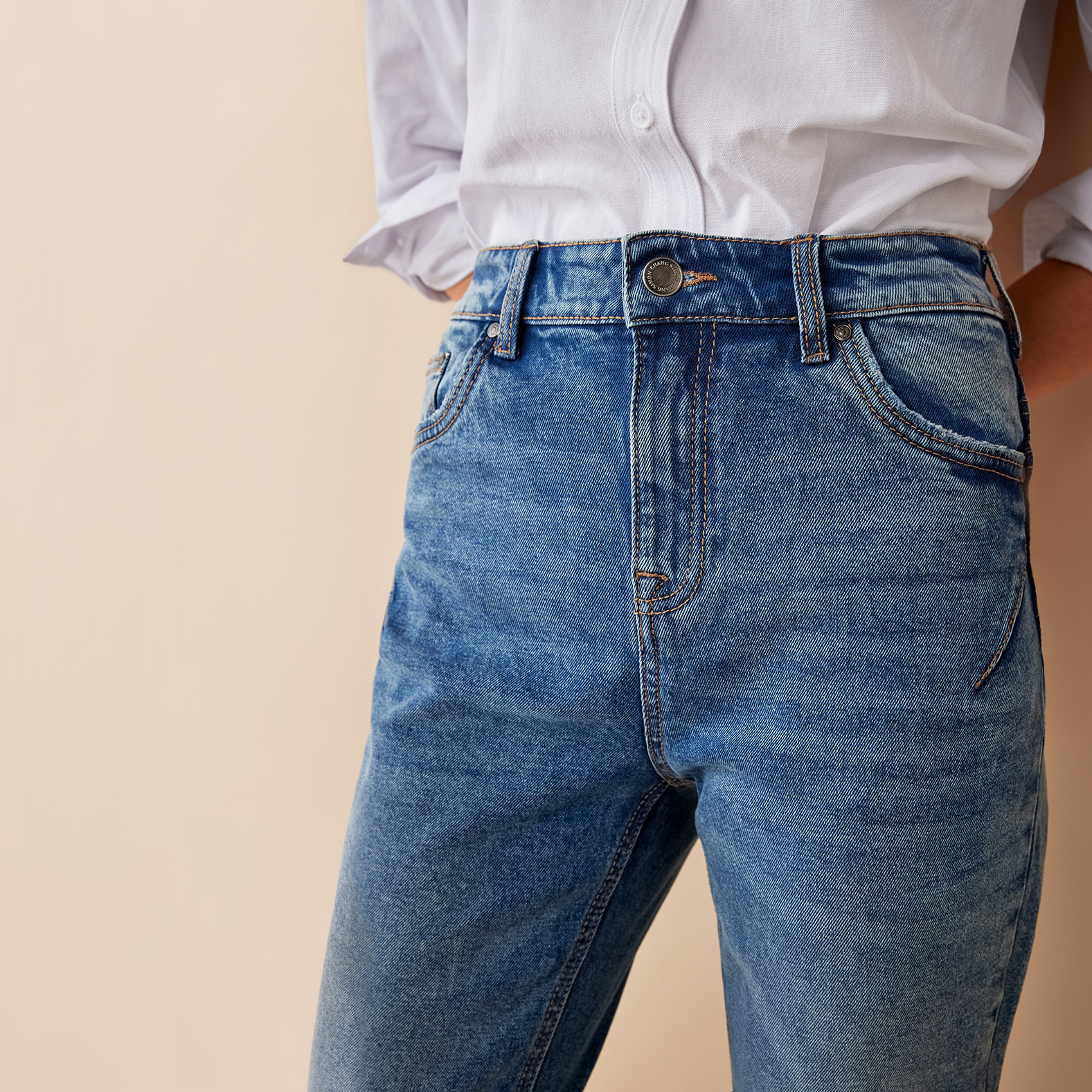 High Waisted Embellished Jeans -Front View Close Up