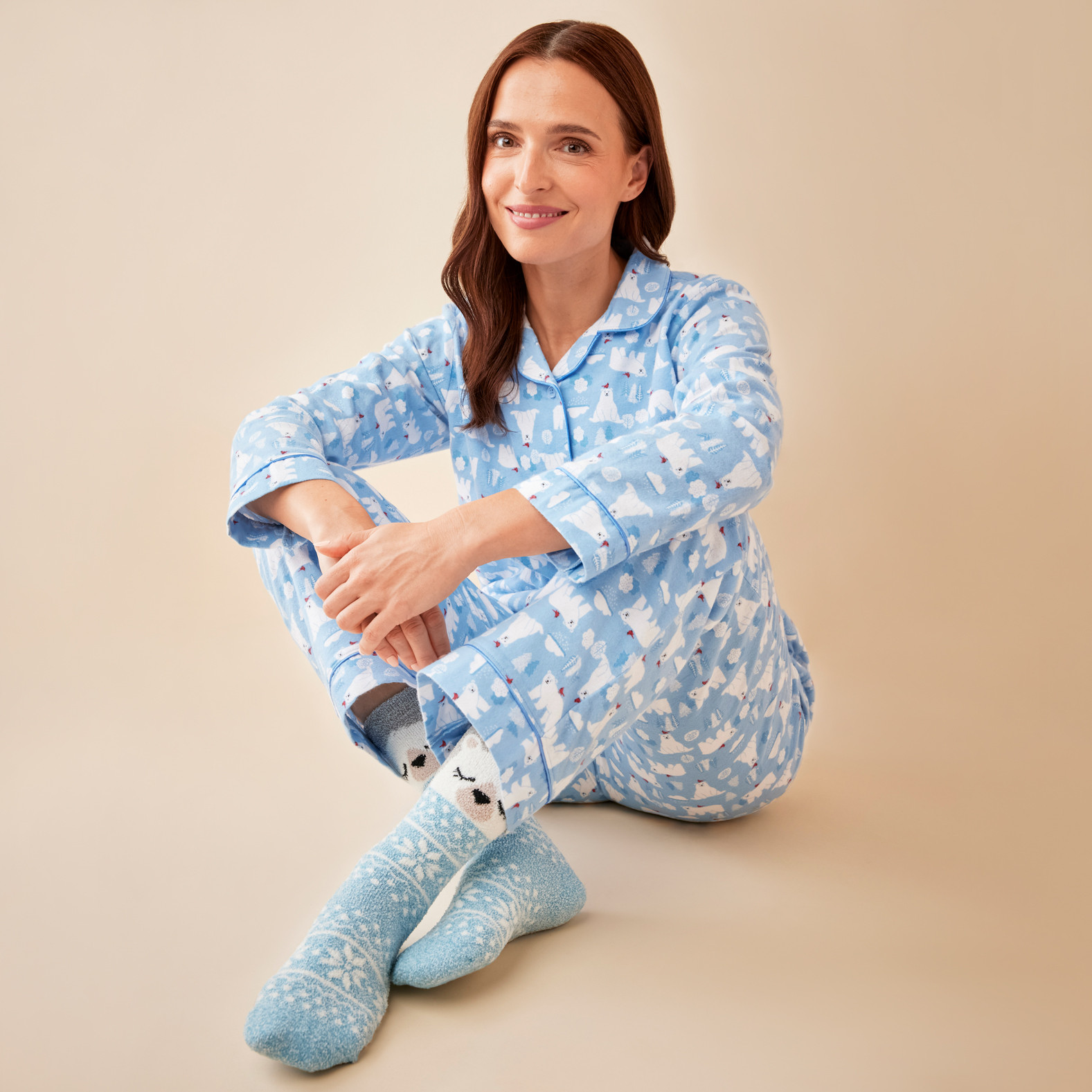 Festive Flannel Polar Bear Pyjama Set Full Body Sitting