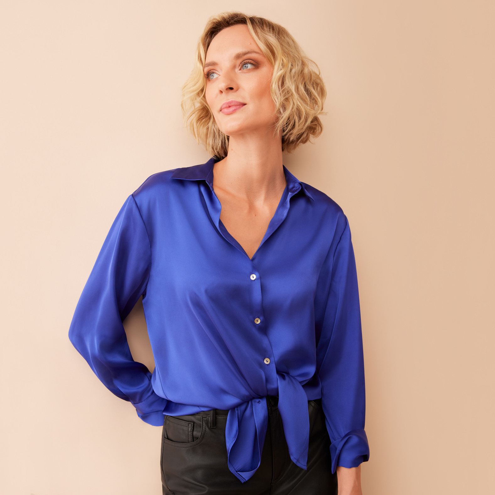 Satin Button Front Top Half Body