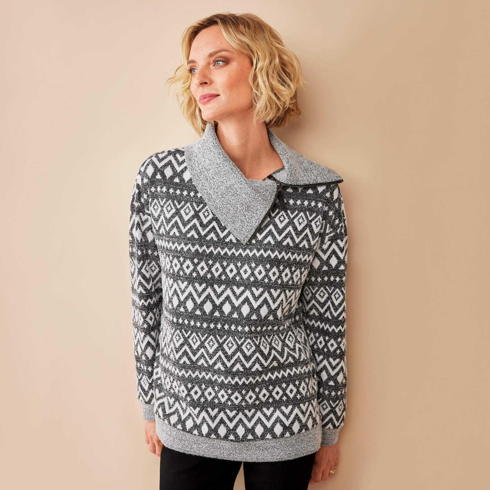 Zip Cowl Neck Knit Top