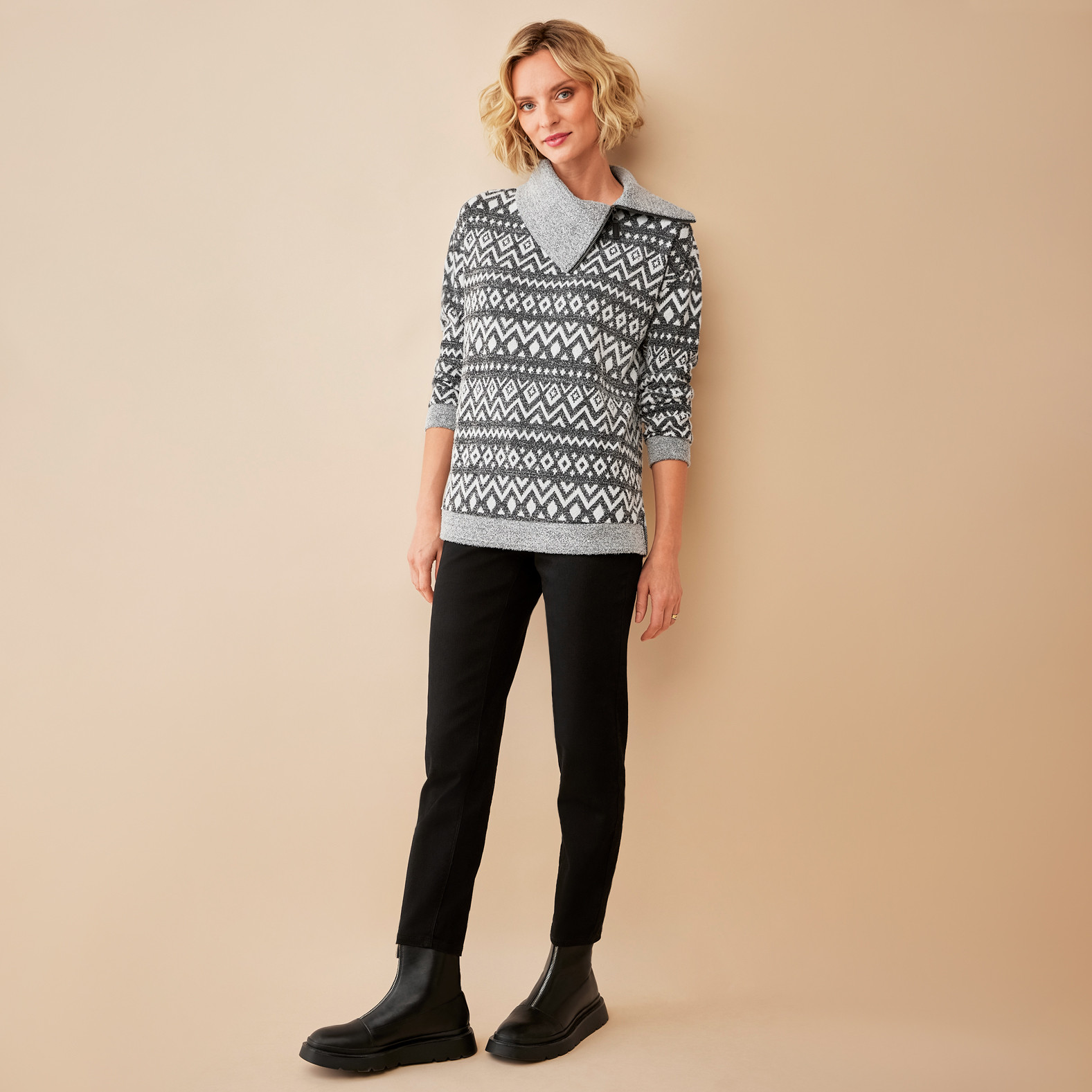 Zip Cowl Neck Knit Top Full Body