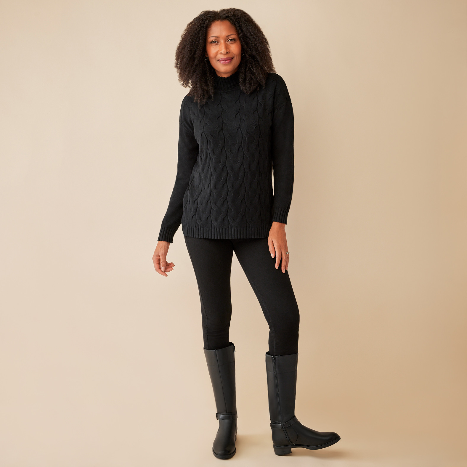 Cable Knit Mockneck Sweater Full Body Untucked