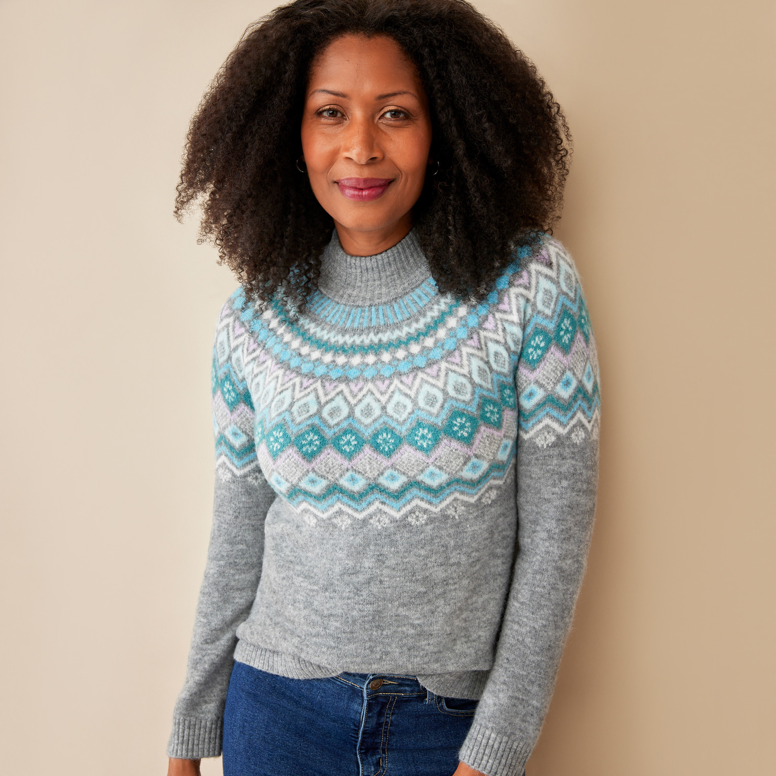 Grey Fairisle Mockneck Sweater-Half Body