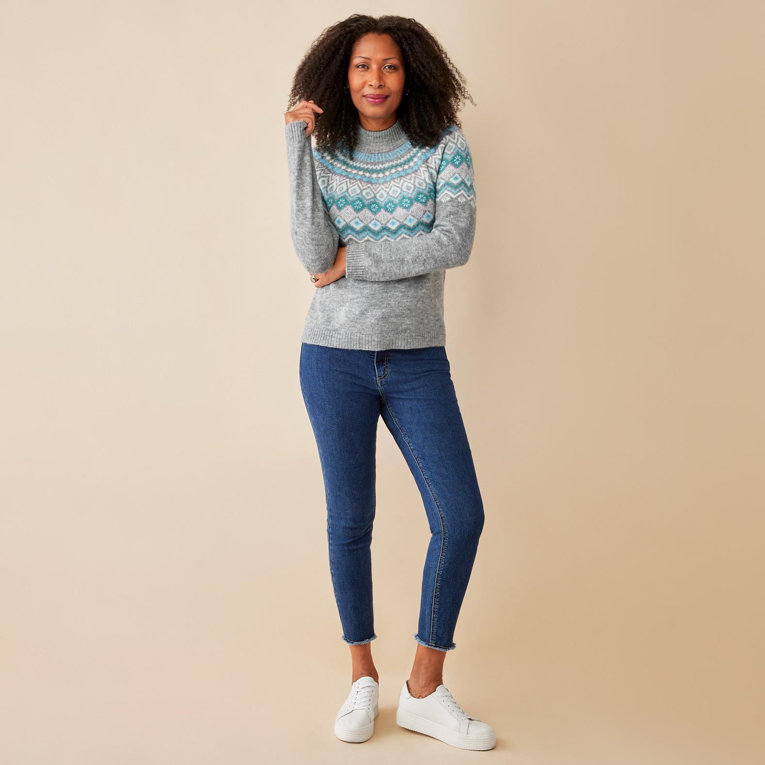 Grey Fairisle Mockneck Sweater-Full Body