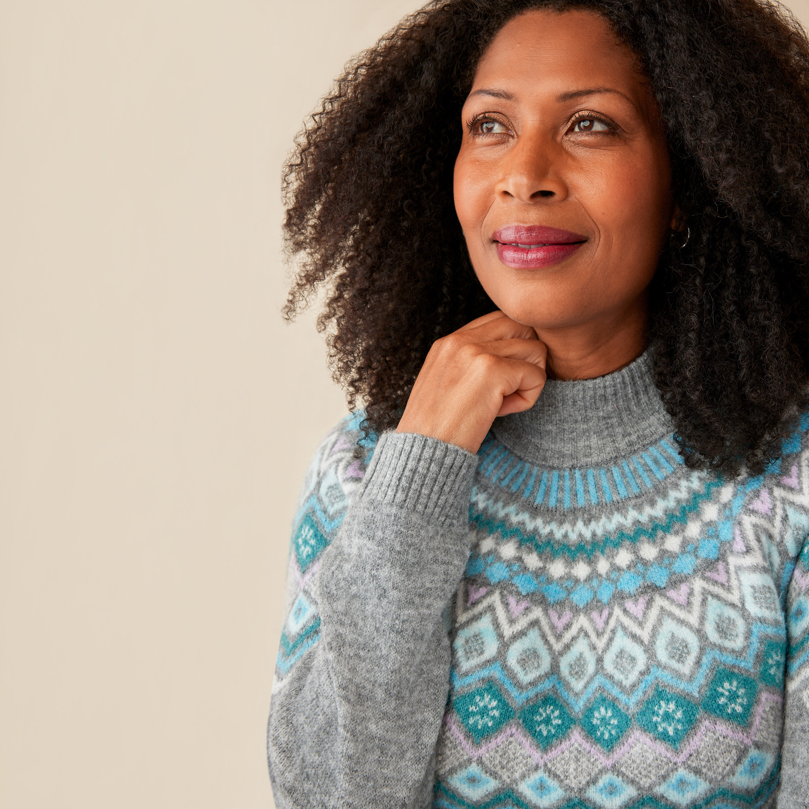 Grey Fairisle Mockneck Sweater-Close Up