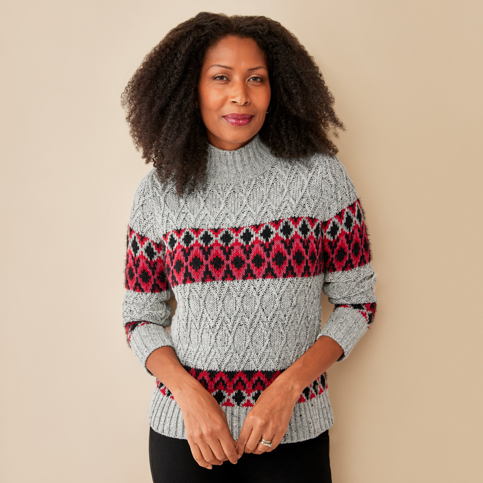 Jacquard Striped Mockneck Sweater-Half Body
