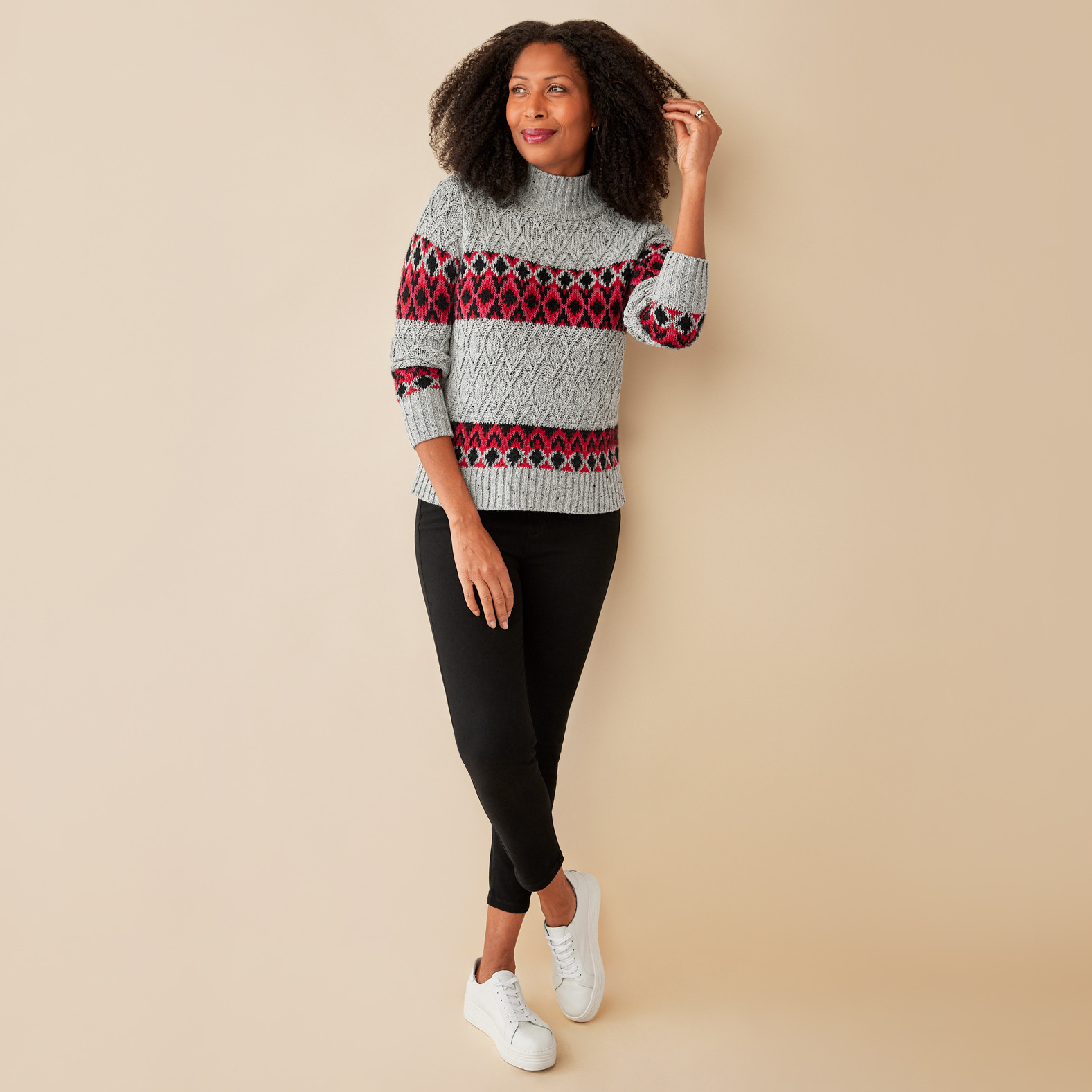 Jacquard Striped Mockneck Sweater-Full Body
