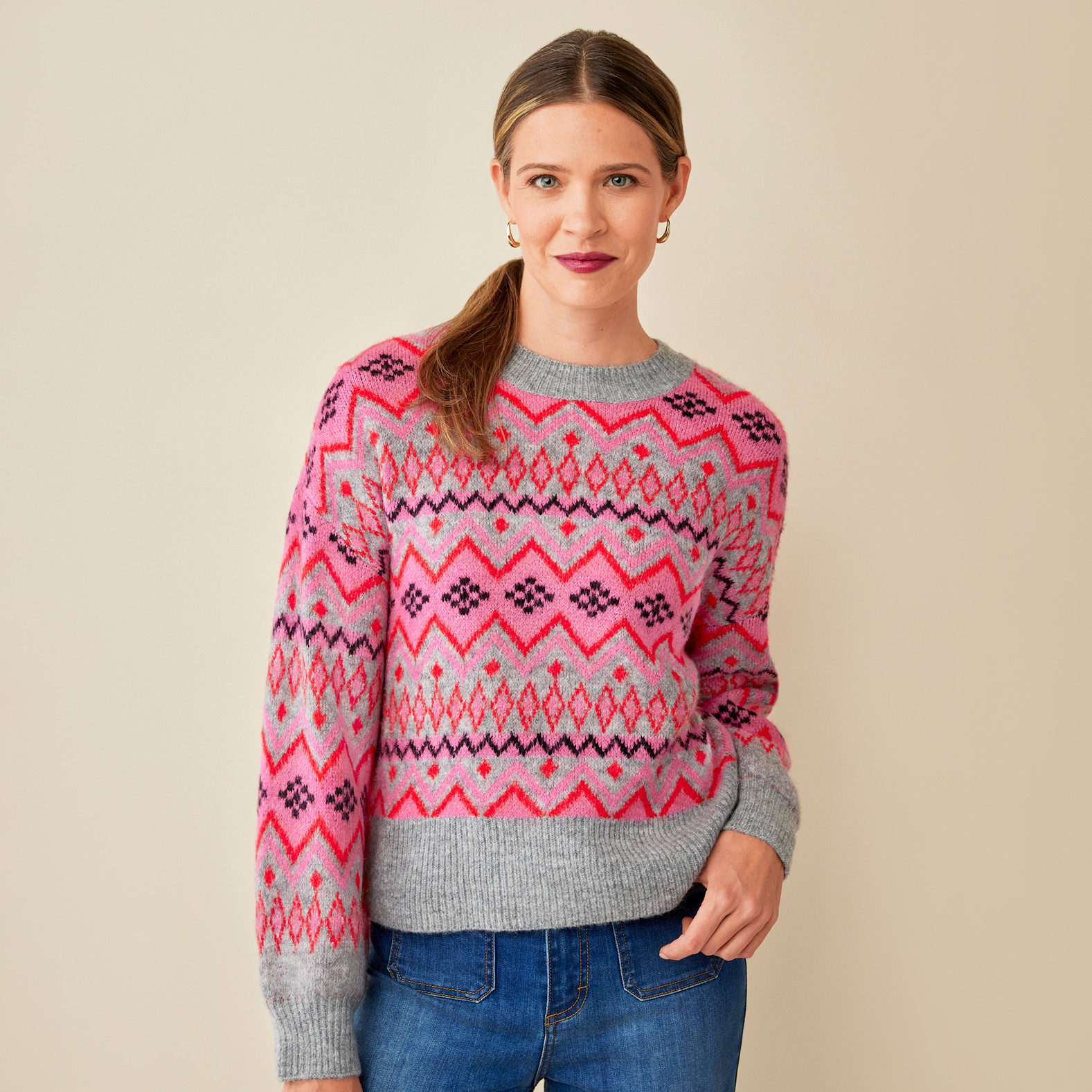 Modern Jacquard Crewneck Sweater-Half Body
