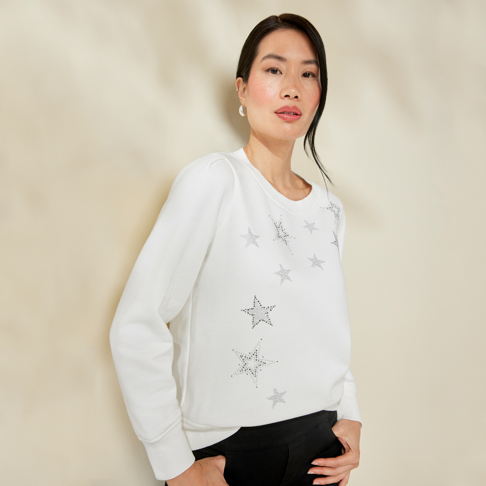 Star Studded Puff Sleeve Sweatshirt Half Body