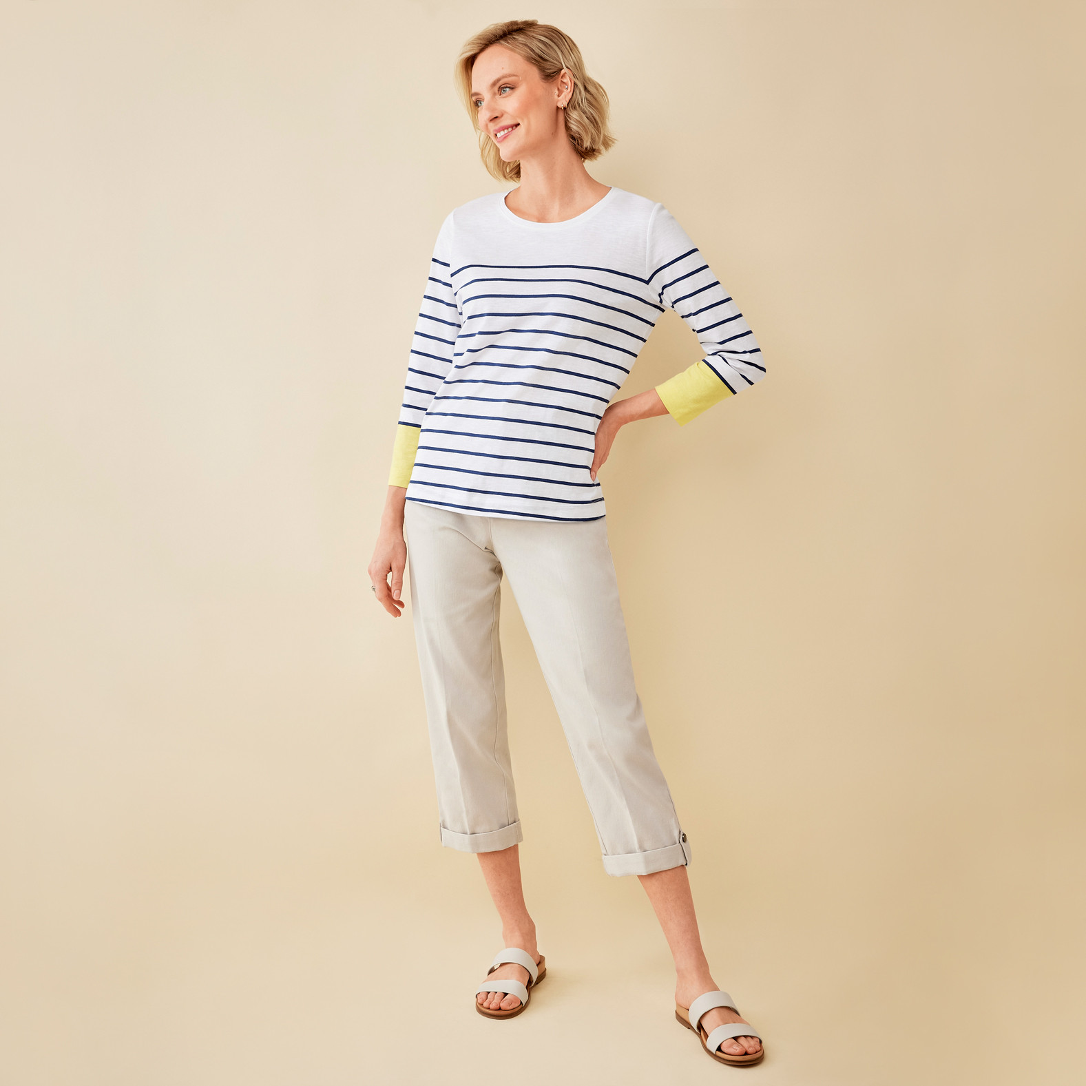 3/4 Sleeve Striped Jersey Tee Full Body Untucked