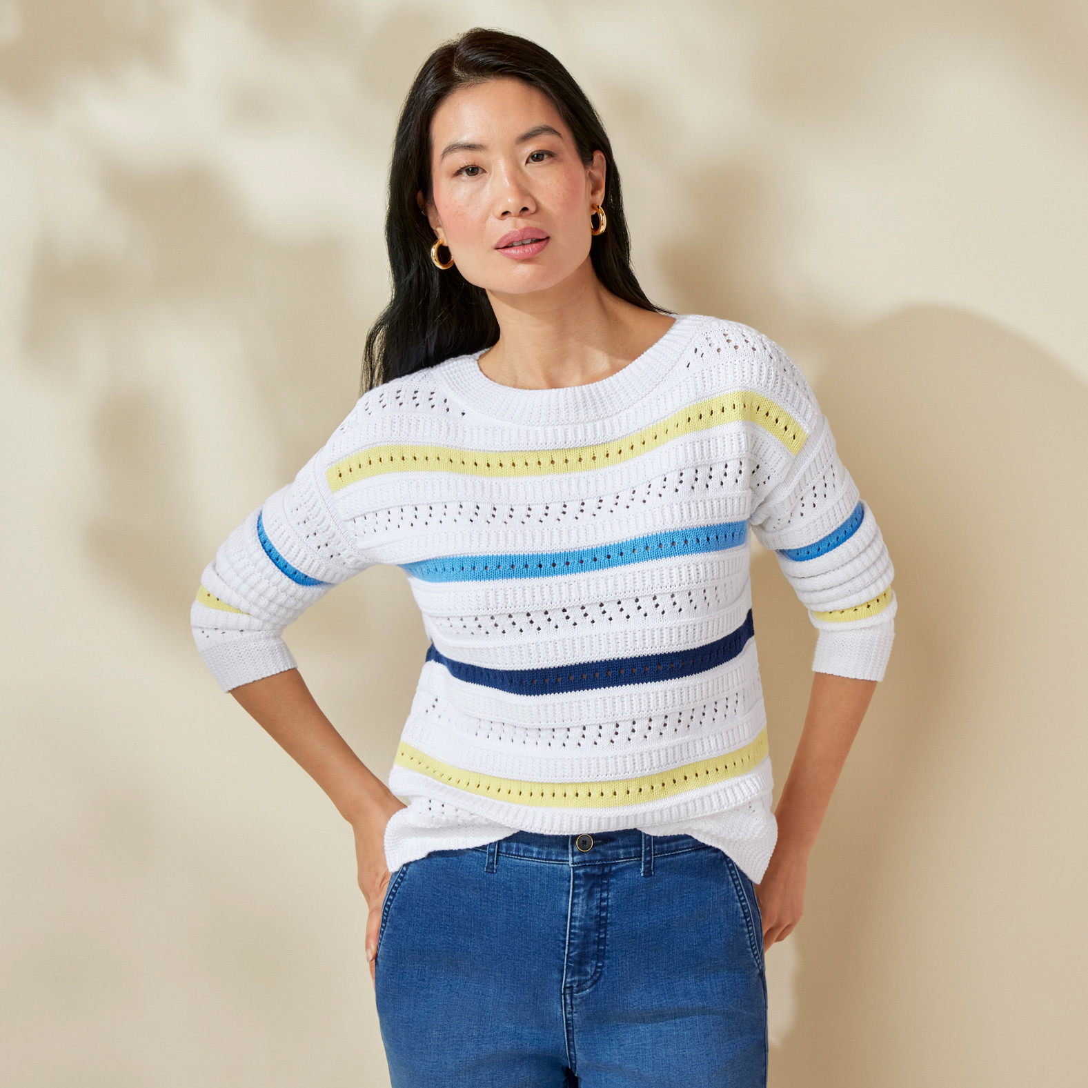 Boatneck Striped Pointelle Sweater
