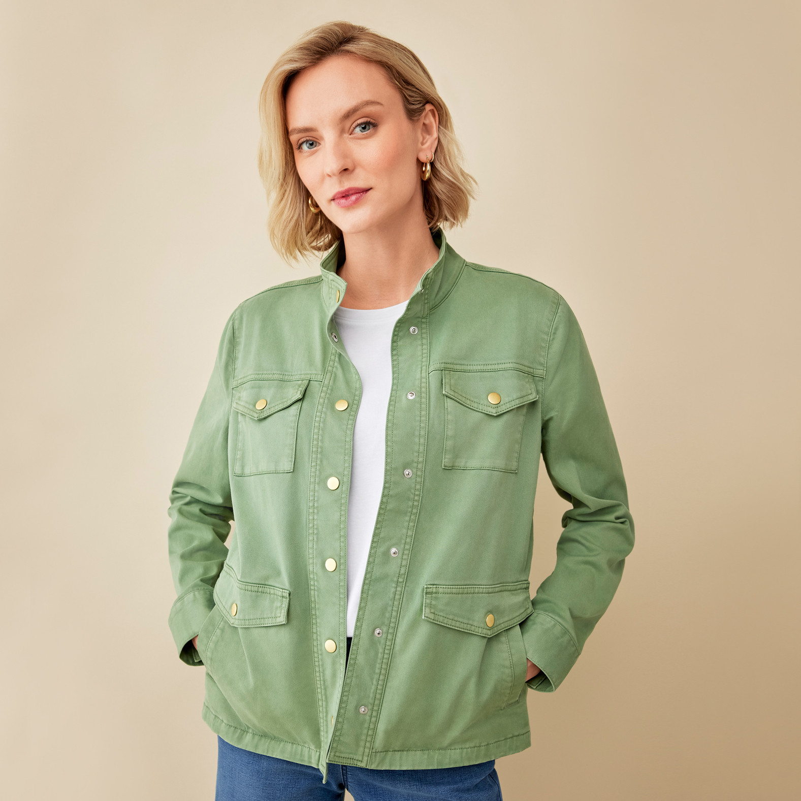 Snap Button Utility Jacket Half Body Unbuttoned
