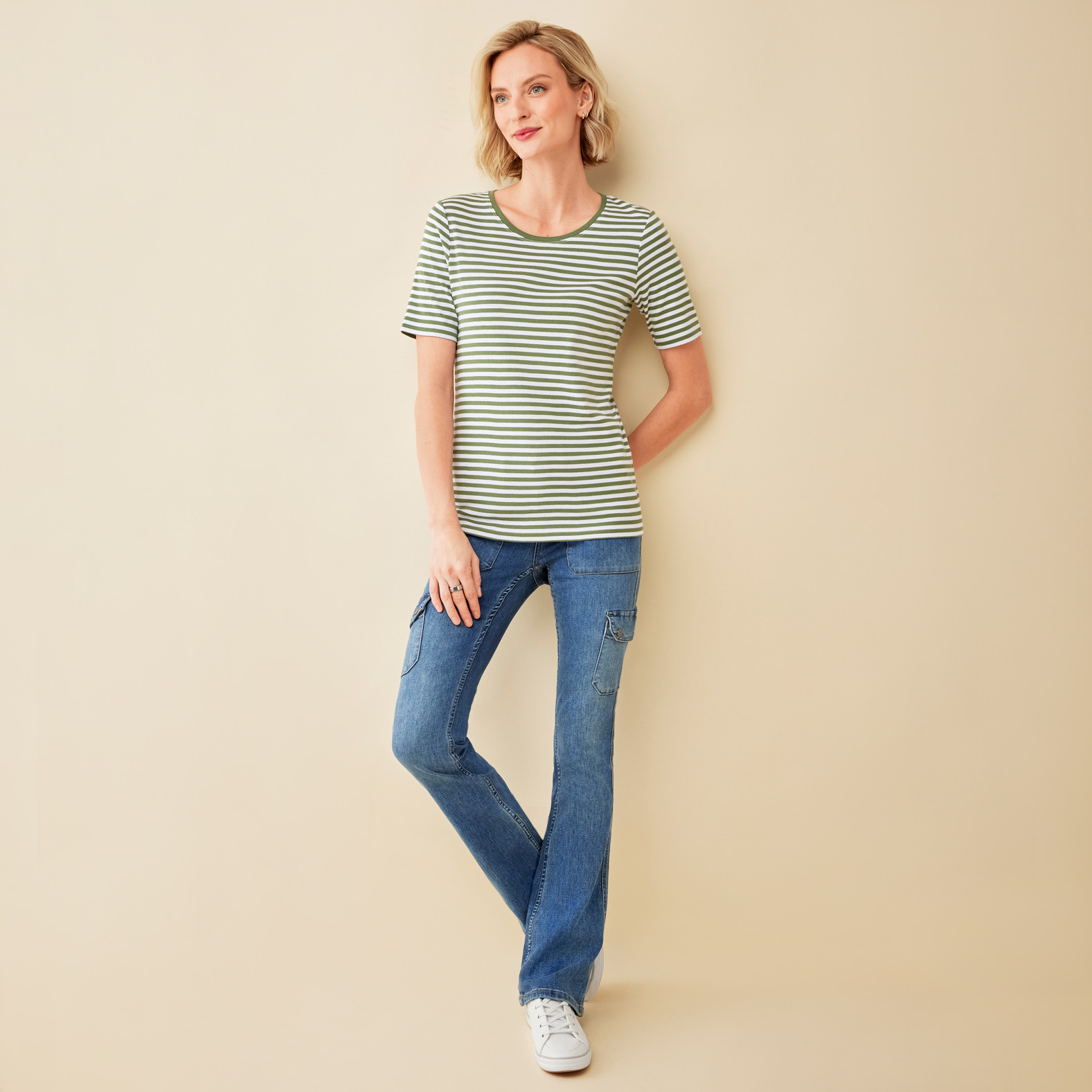 Everyday Fit Striped Crewneck Tee Full Body - Amazon Green