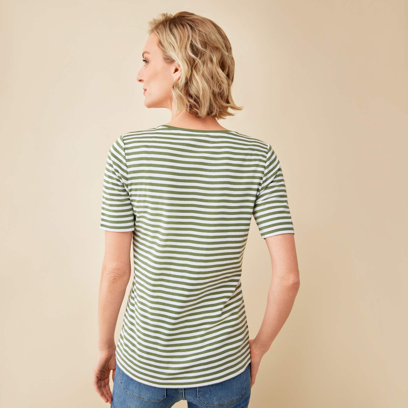 Everyday Fit Striped Crewneck Tee Back View - Amazon Green