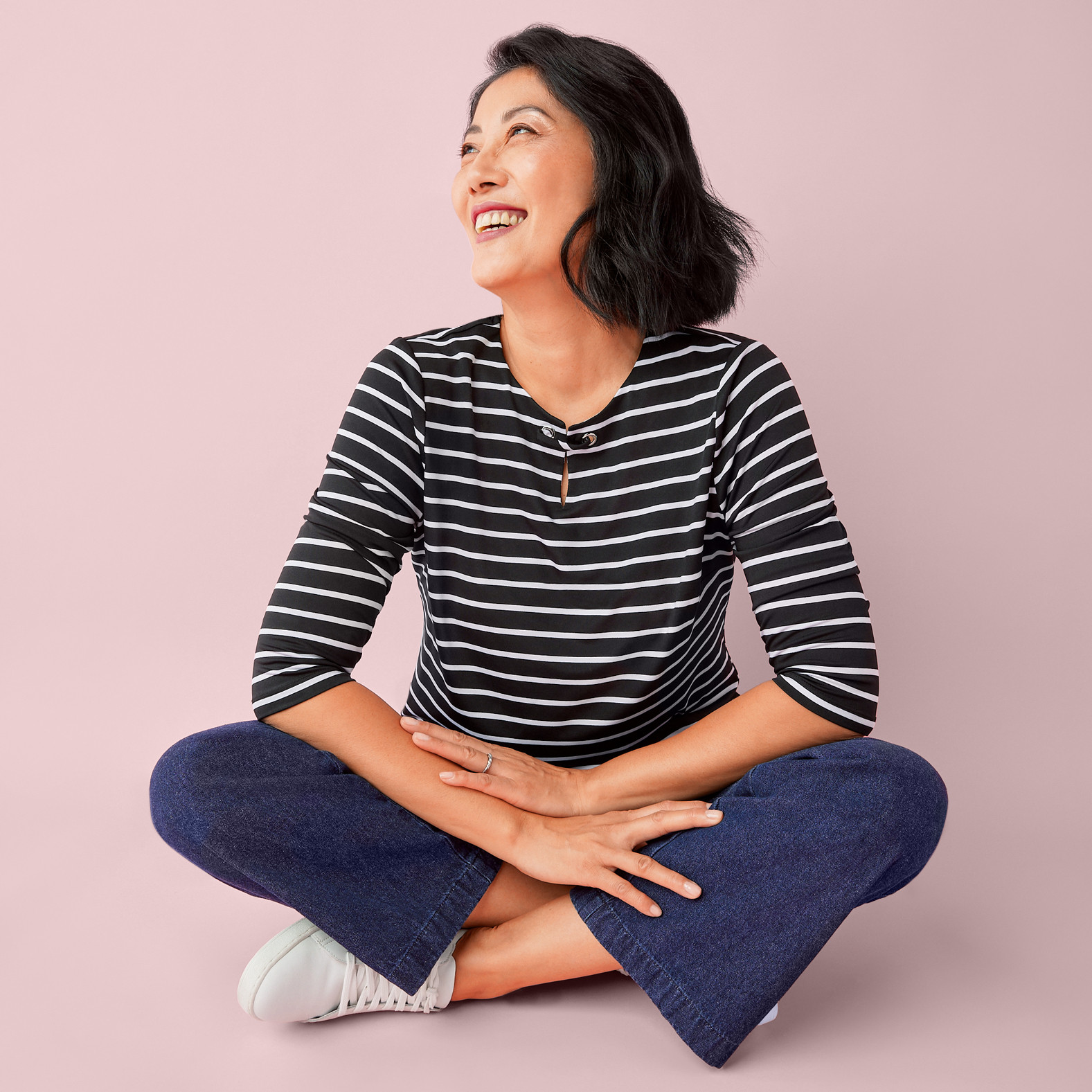 Petite - Keyhole Striped Top Seated
