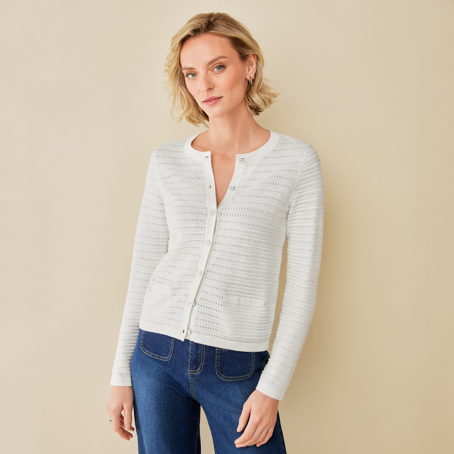 Pointelle Crewneck Cardigan Half Body - White