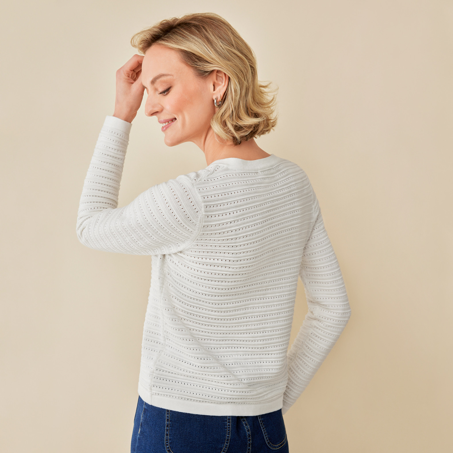 Pointelle Crewneck Cardigan Back View - White