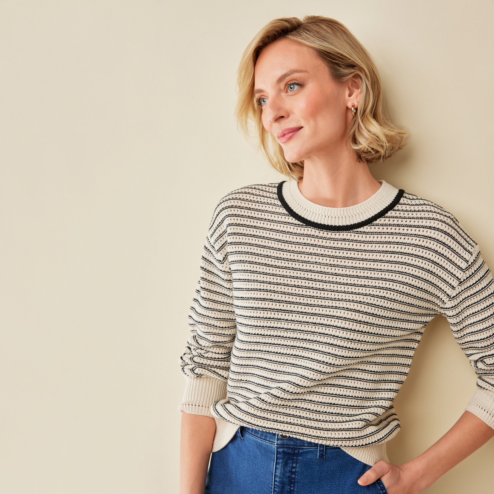 Pointelle Striped Sweater Half Body Tucked - Beige