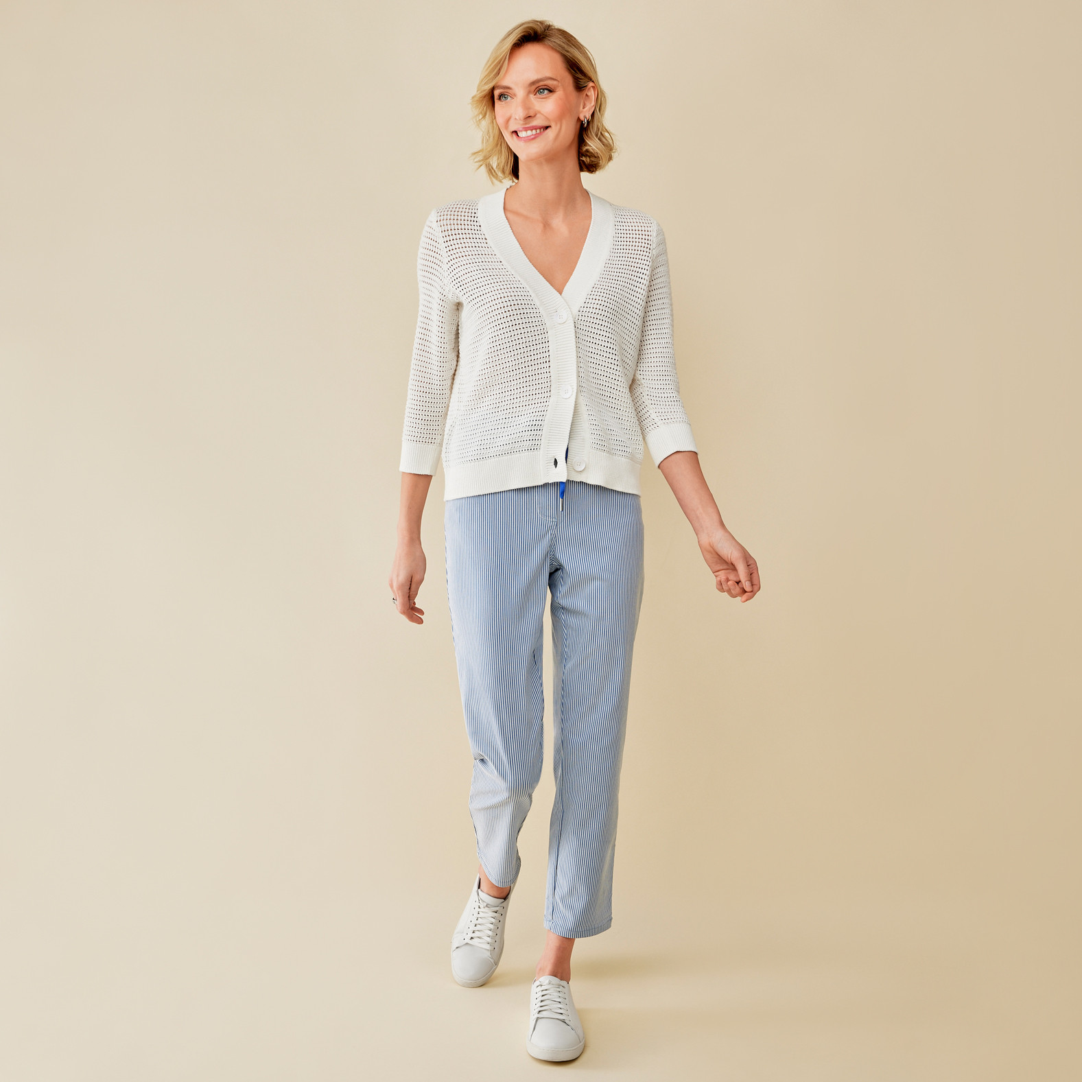 Pointelle V-Neck Button Cardigan Full Body - White