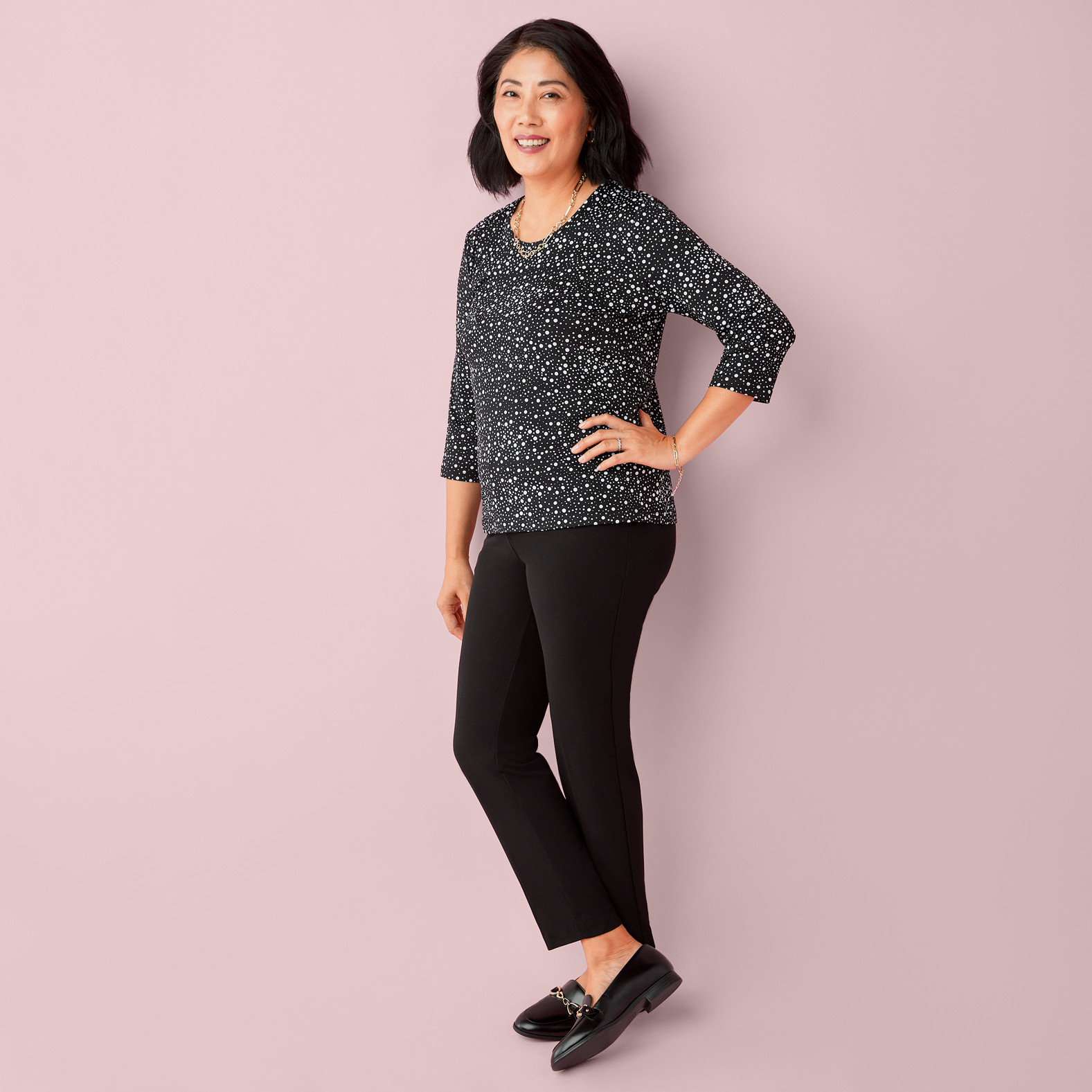 Petite - Polka Dot Crewneck Top Full Body Side View