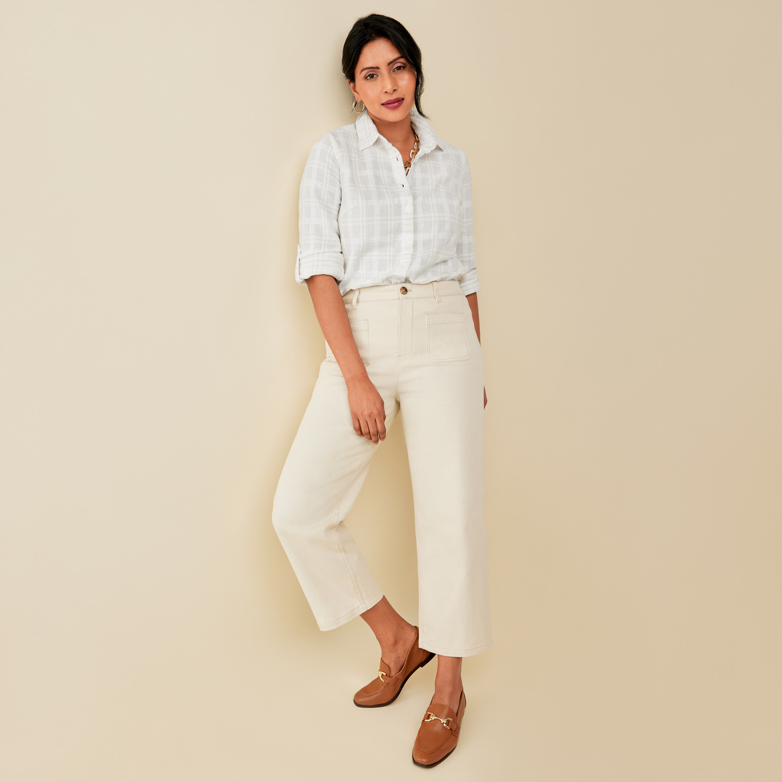 Neutral Plaid Button Down Shirt Full Body