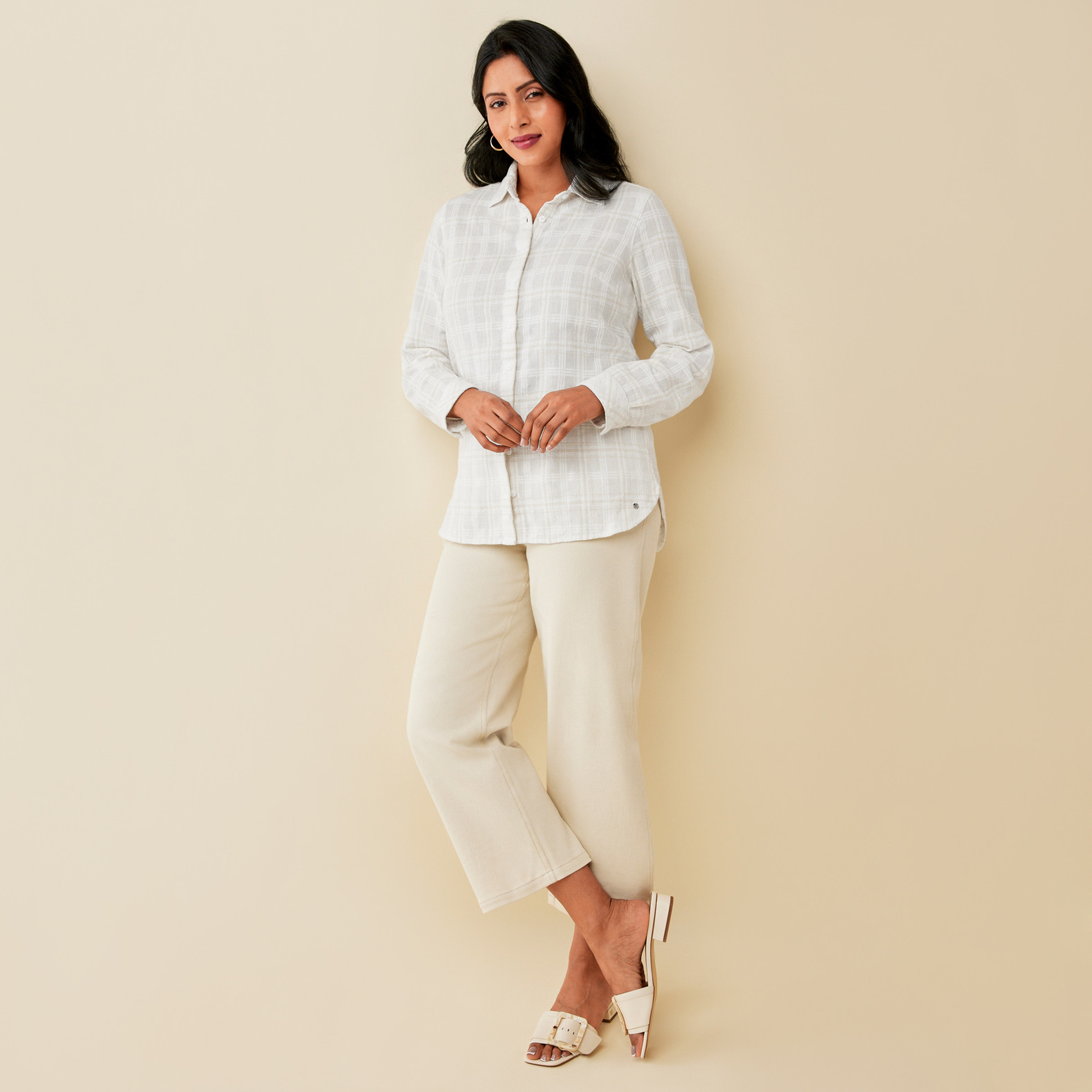 Neutral Plaid Button Down Shirt Full Body Untucked