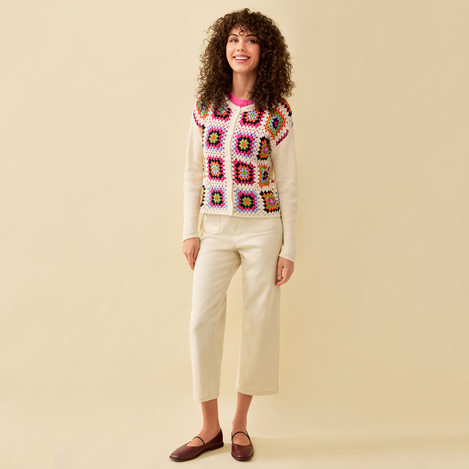 Square Pattern Knit Cardigan Full Body