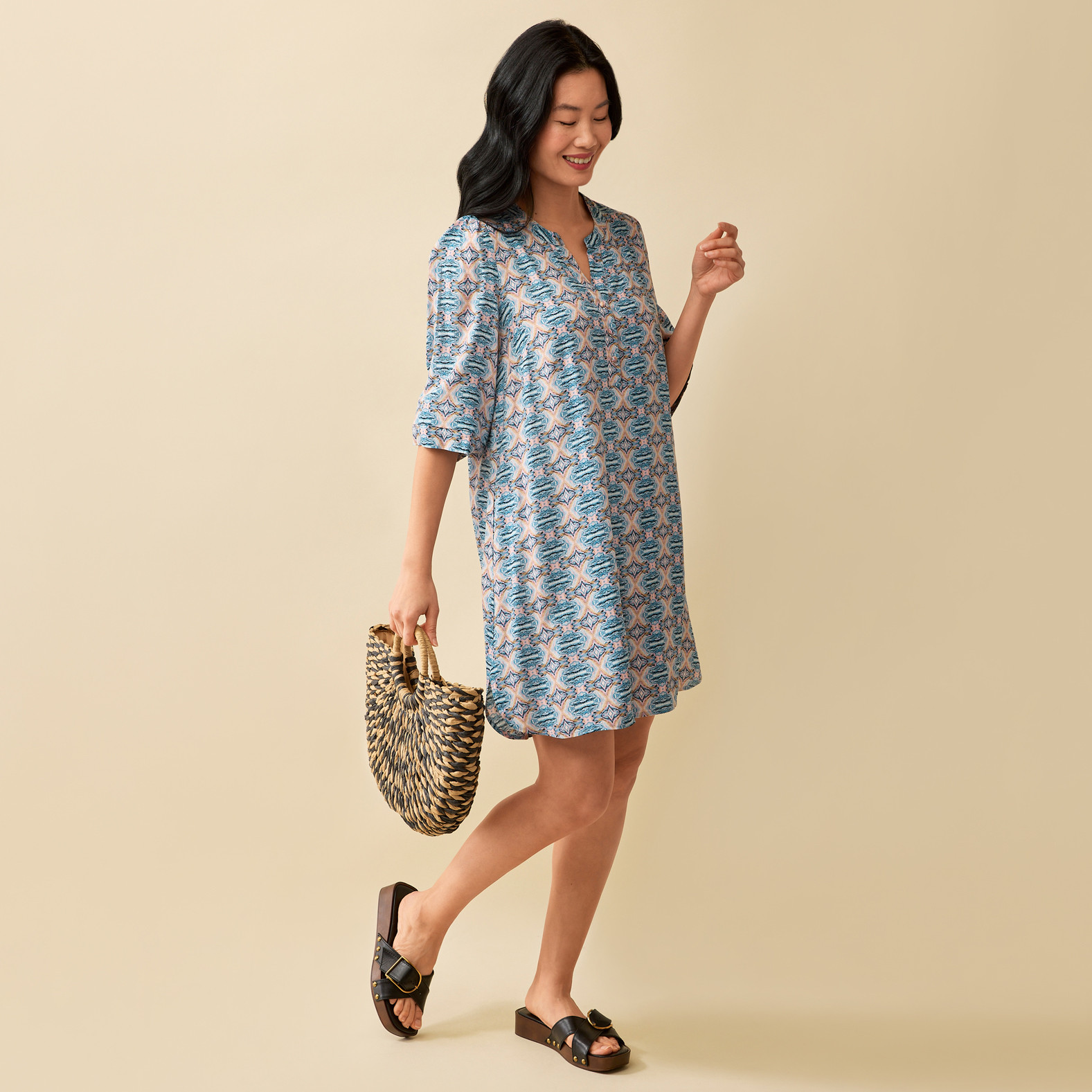 3/4 Sleeve Patterned Dress Full Body