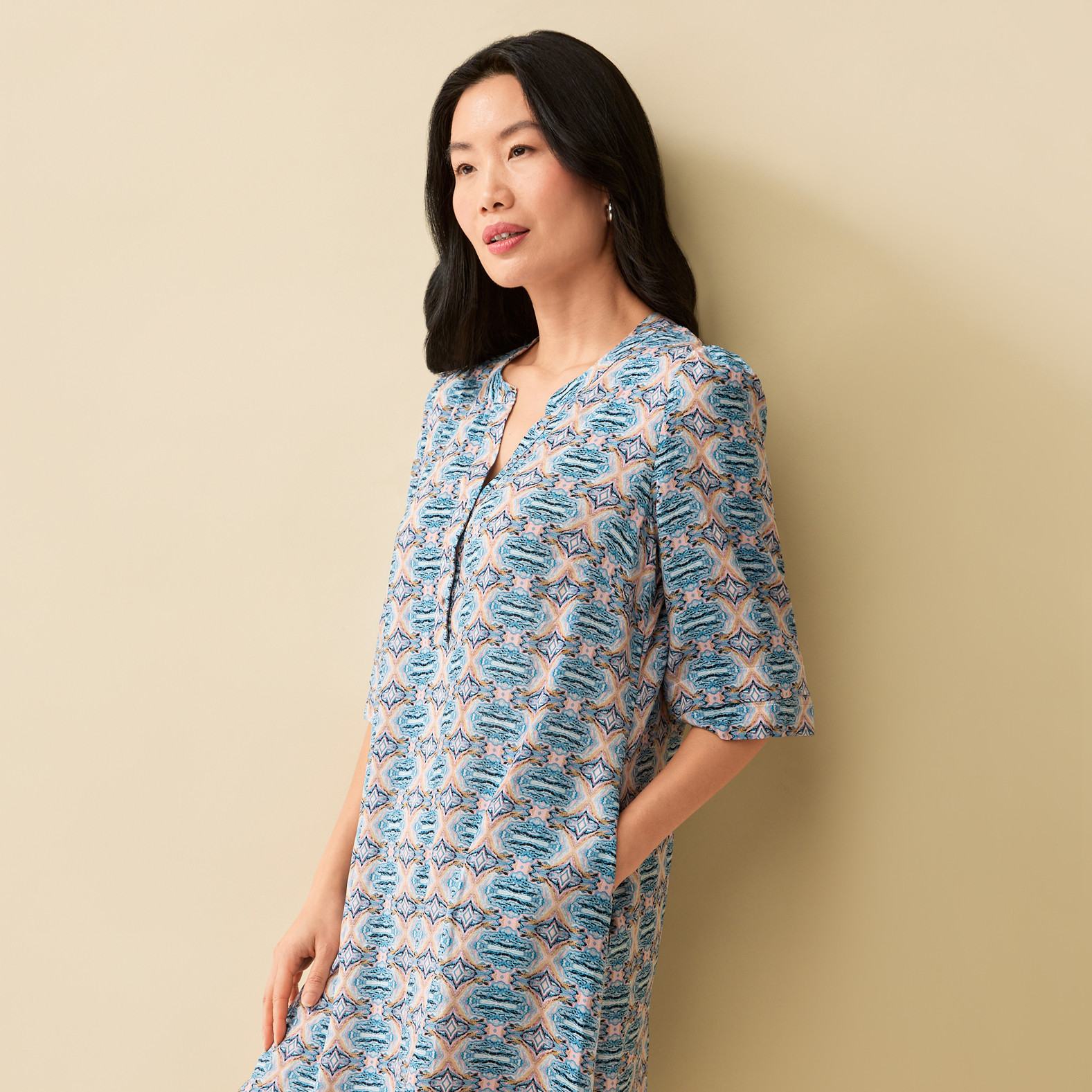 3/4 Sleeve Patterned Dress Half Body