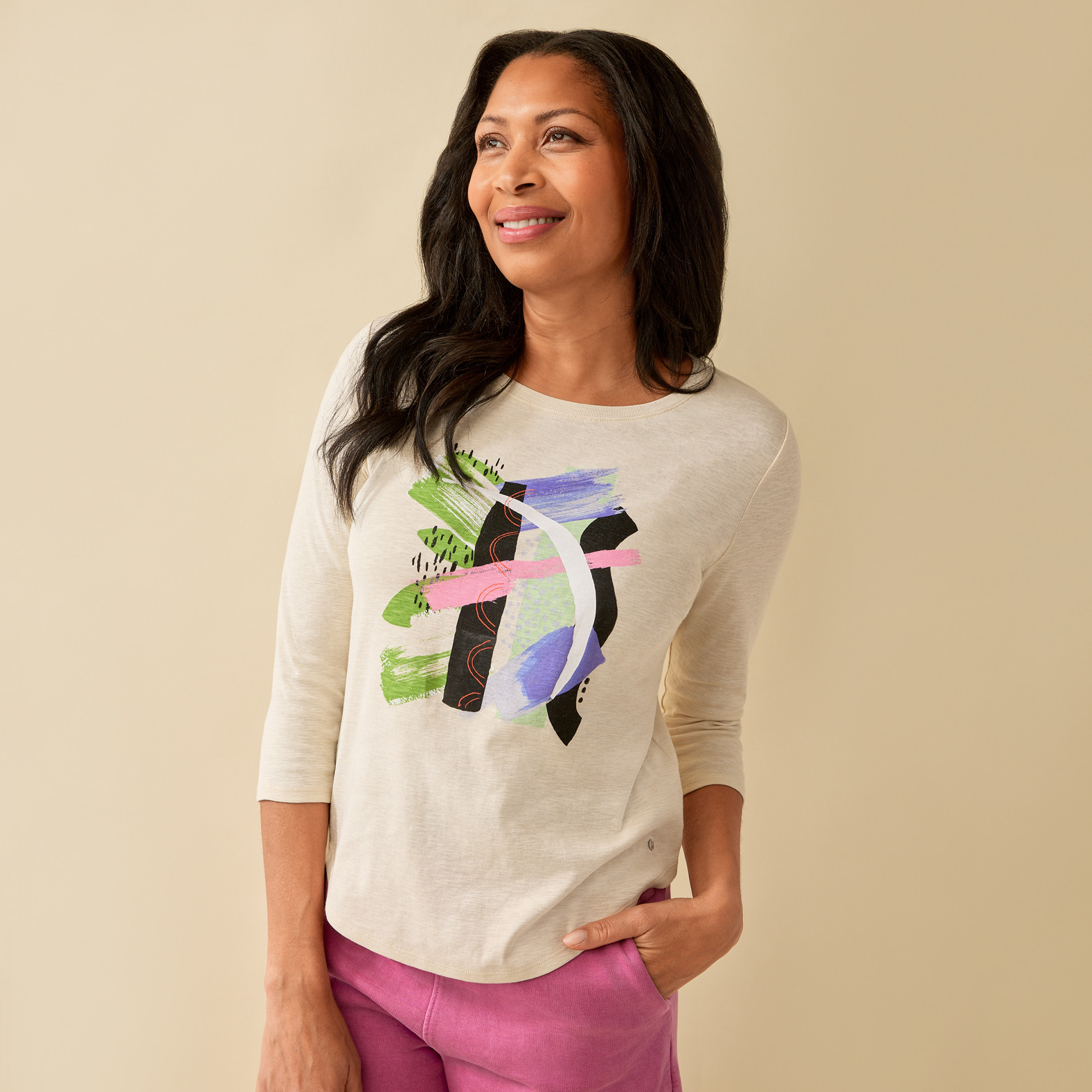 Abstract Print Slub Knit Tee Half Body