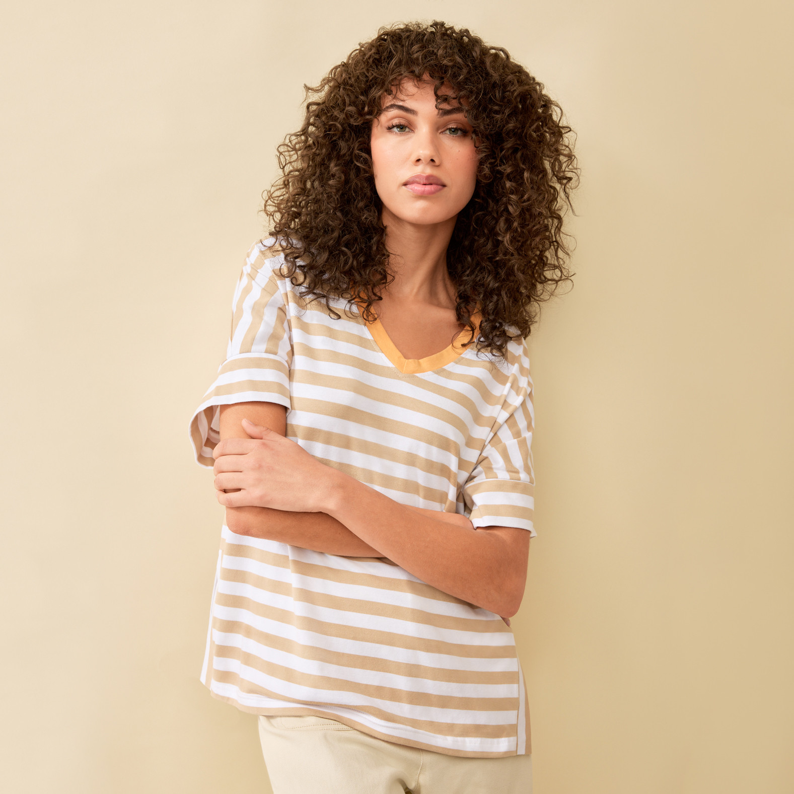Flowy Striped V-Neck Tee Half Body