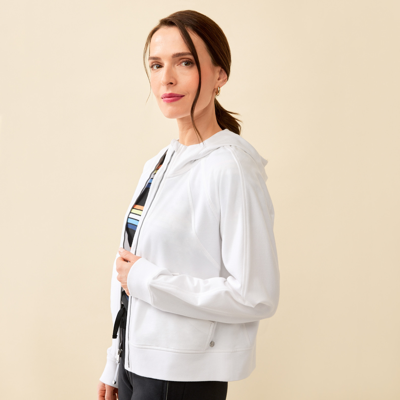 French Terry Zip Up Hoodie Half Body - White