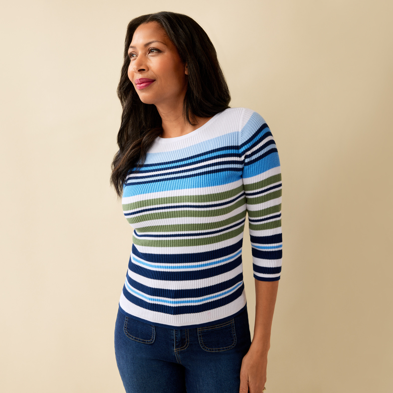 Petite - Boatneck Striped Top Half Body