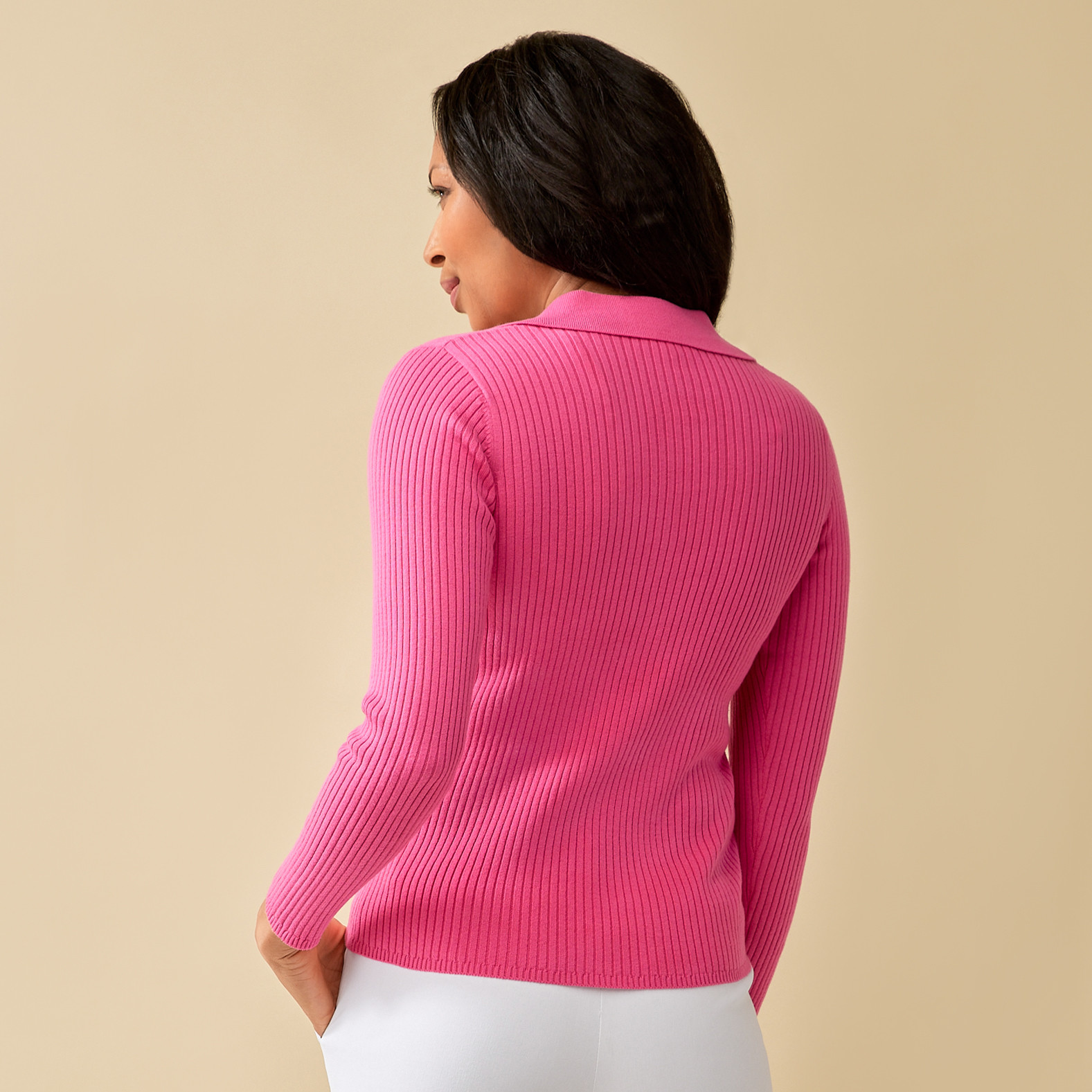 Ribbed Button Up Cardigan Back View - Pink
