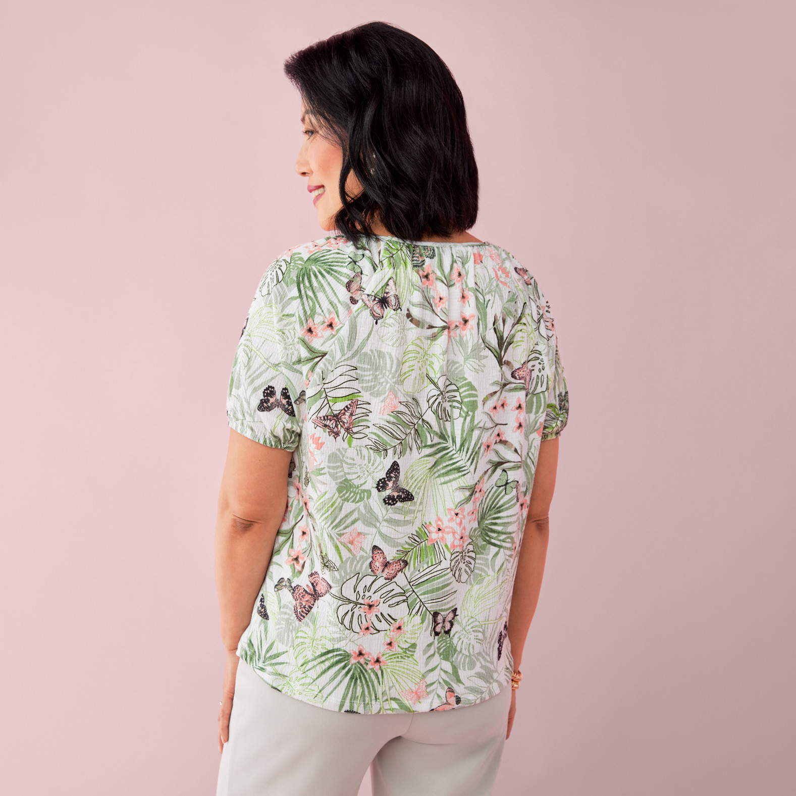 Petite - Garden Print Short Sleeve Top Back View