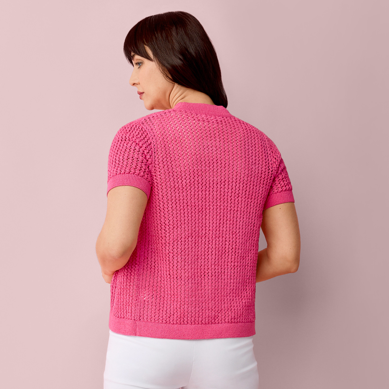 Petite - Pointelle Short Sleeve Cardigan Back View-Azalea Pink