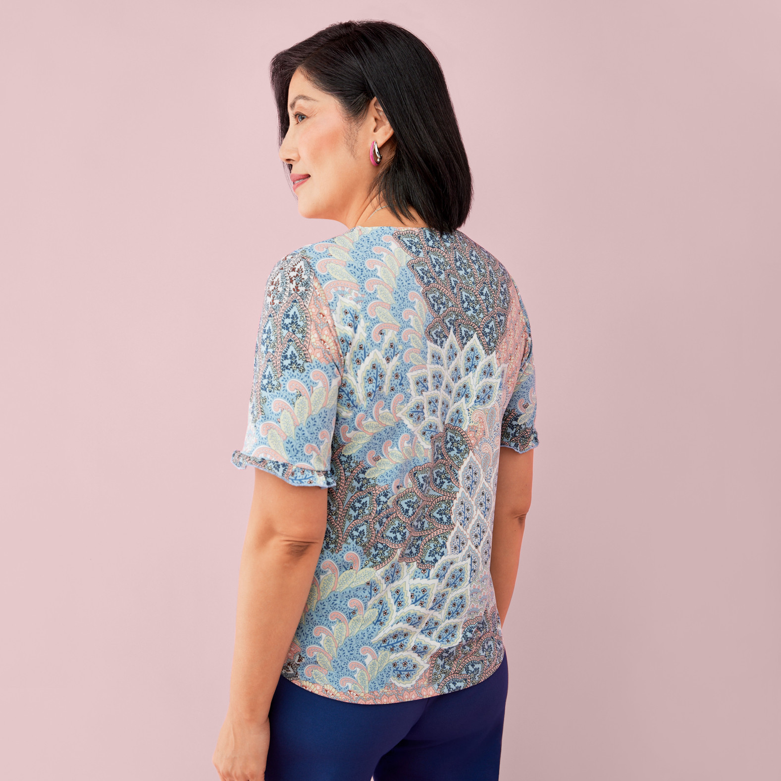 Petite - Ruffle Sleeve Printed Top Back View - Seashell