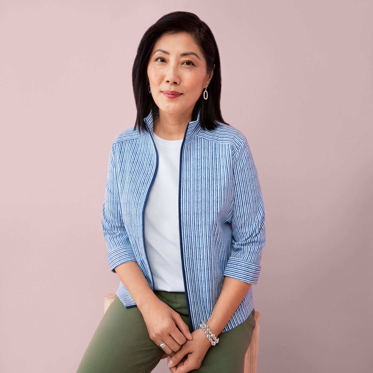 Petite - Striped Zip Up Jacket  Half Body