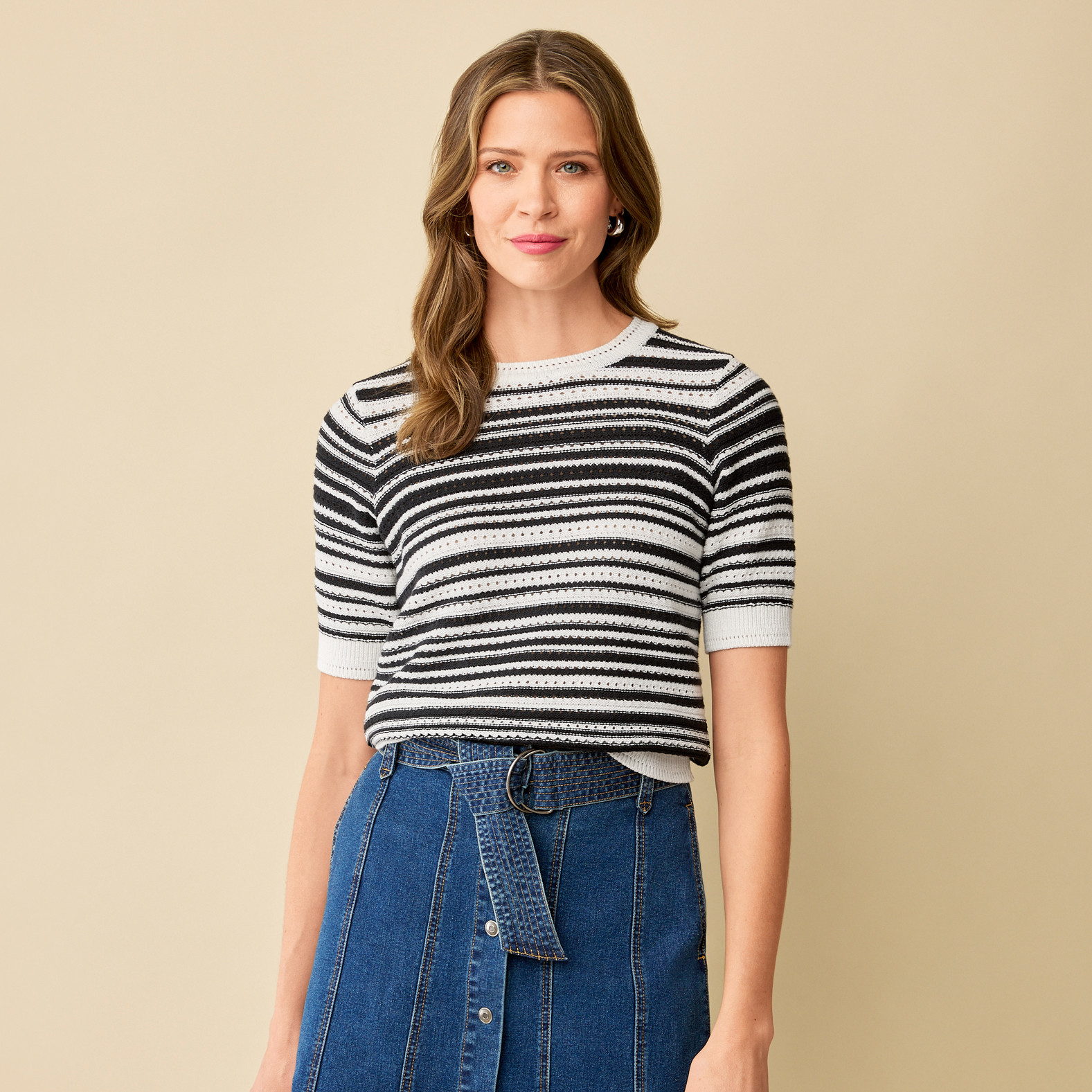 Black and White Striped Knit Top Half Body