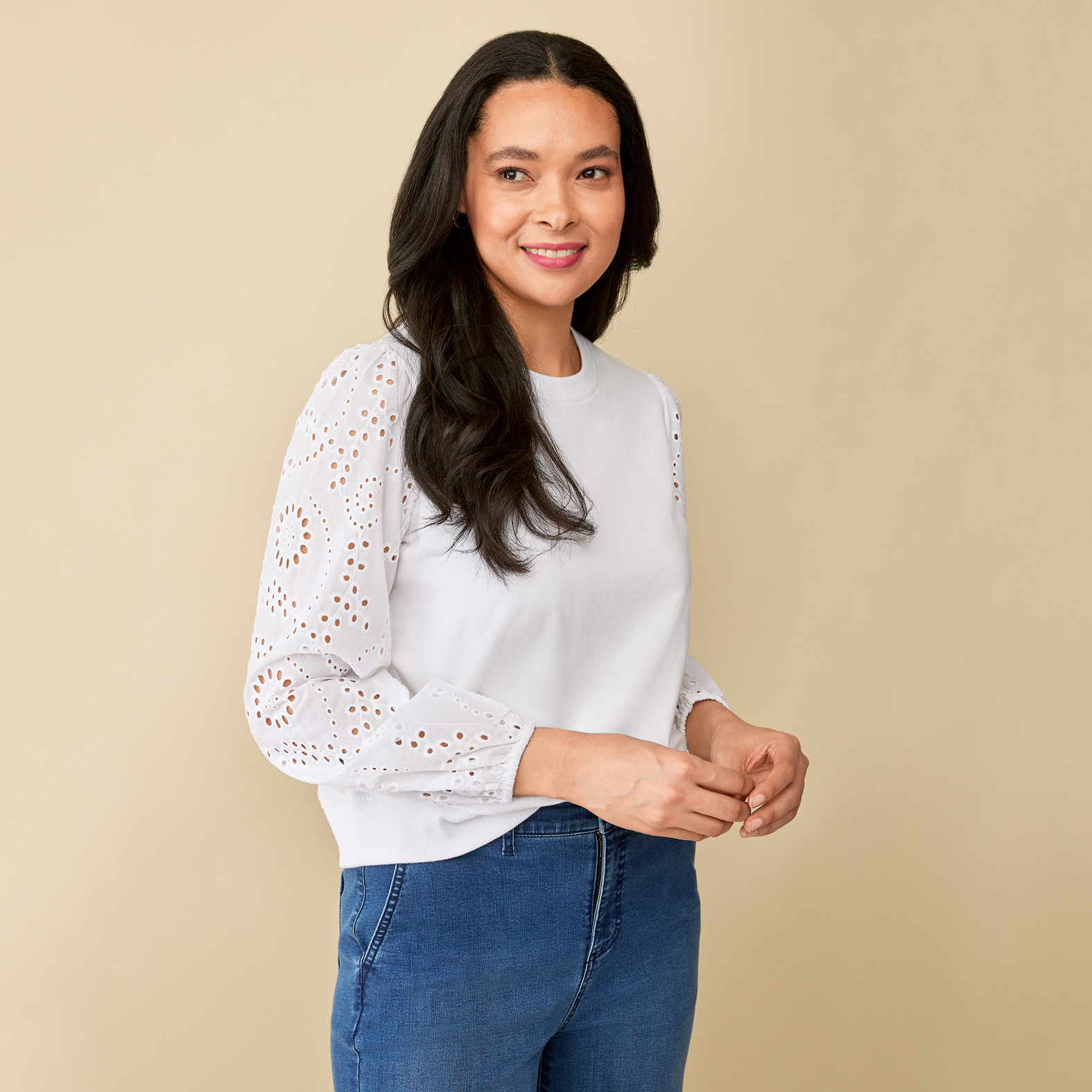 Eyelet Sleeve Crewneck Sweatshirt Half Body