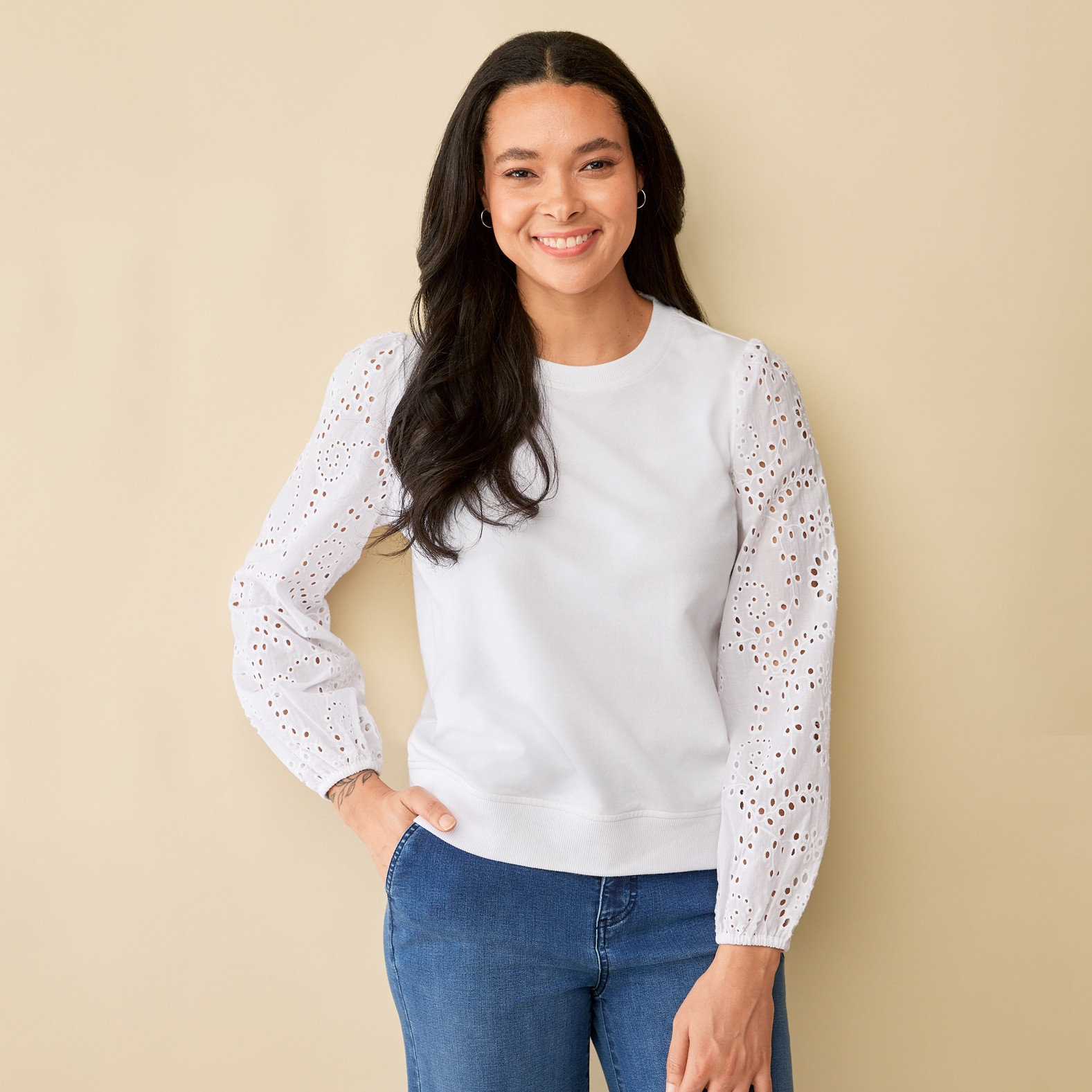 Eyelet Sleeve Crewneck Sweatshirt Untucked