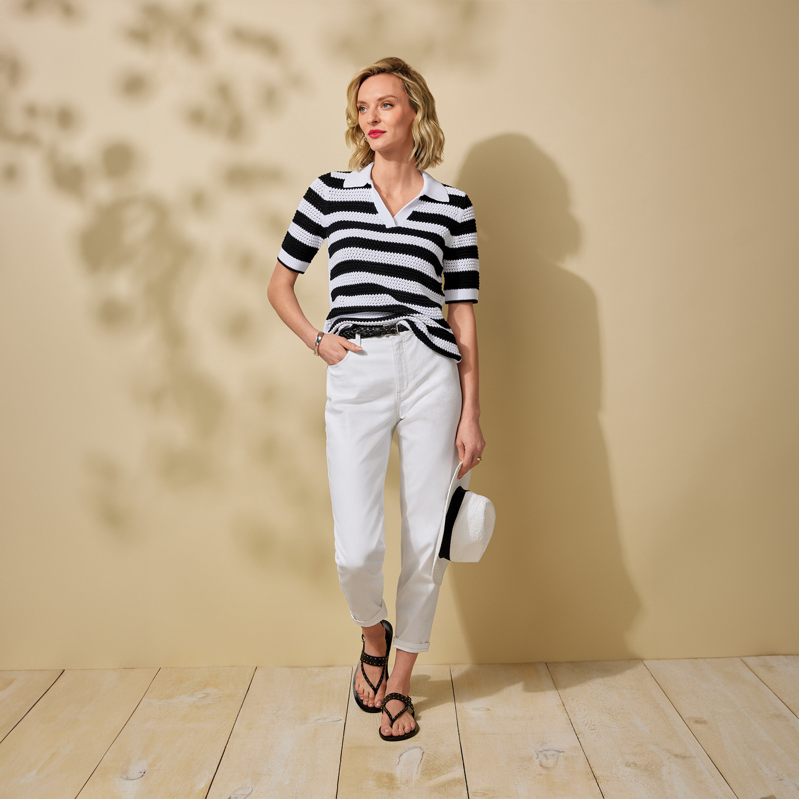 Johnny Collar Striped Knit Top Full Body Tucked