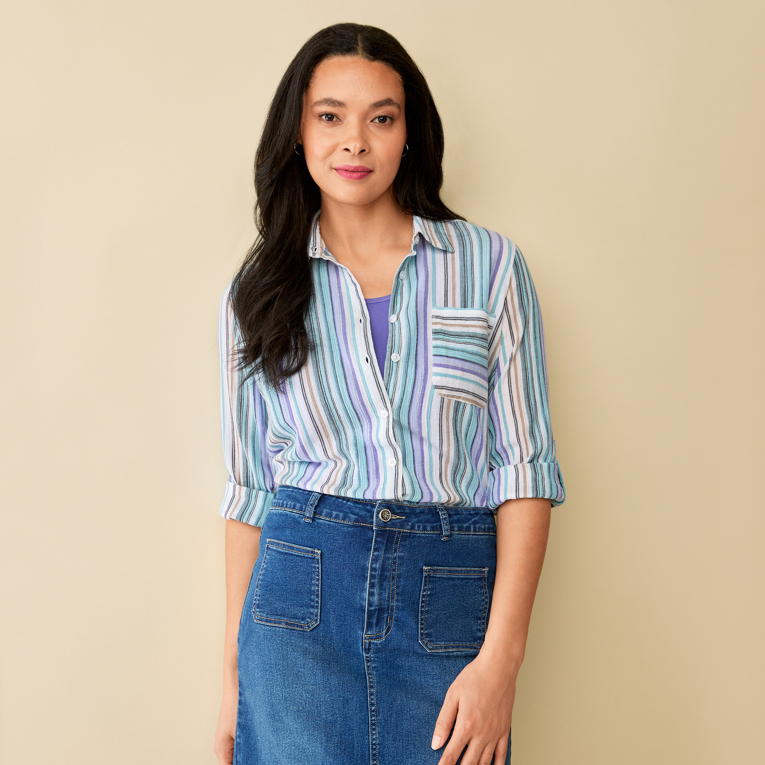 Striped Button Up Shirt Half Body