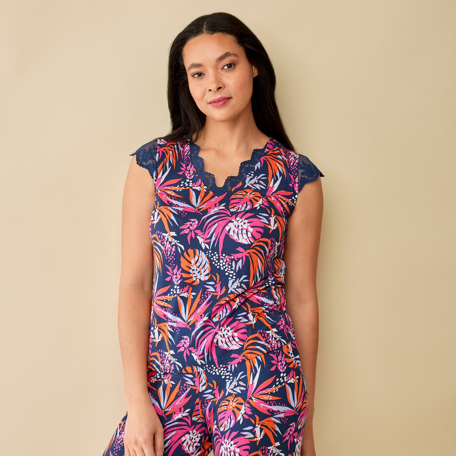 Tropical Print Modal Pyjama Set Half Body