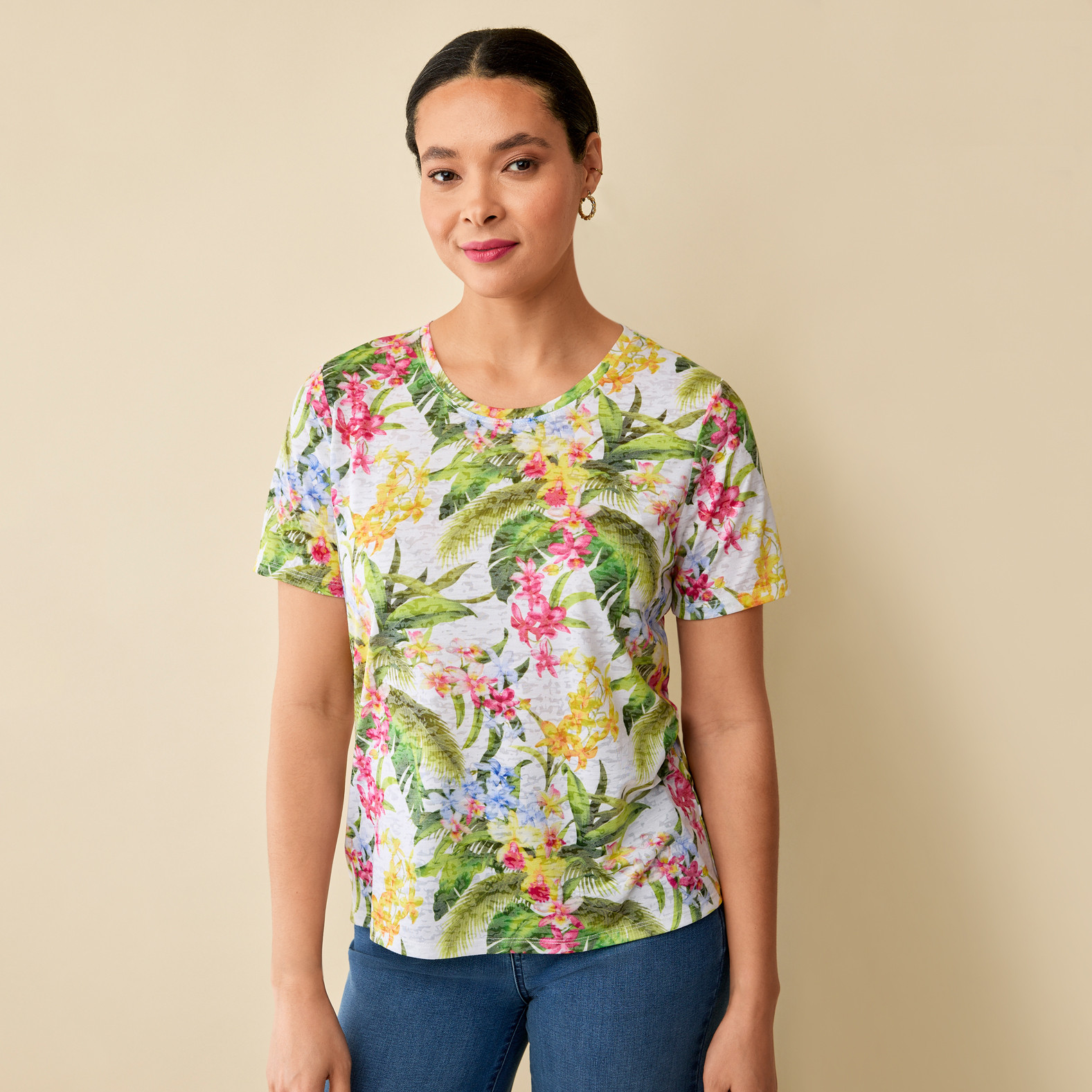 Tropical Print Short Sleeve Top Half Body
